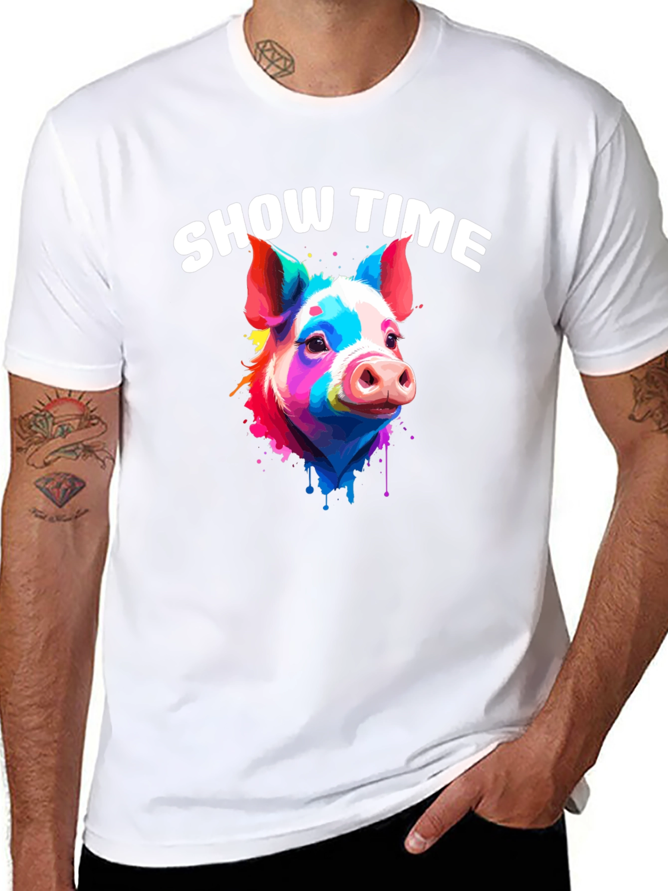 Black Show Time Pig T-Shirt: Colorful Animal Graphic Tee view 8