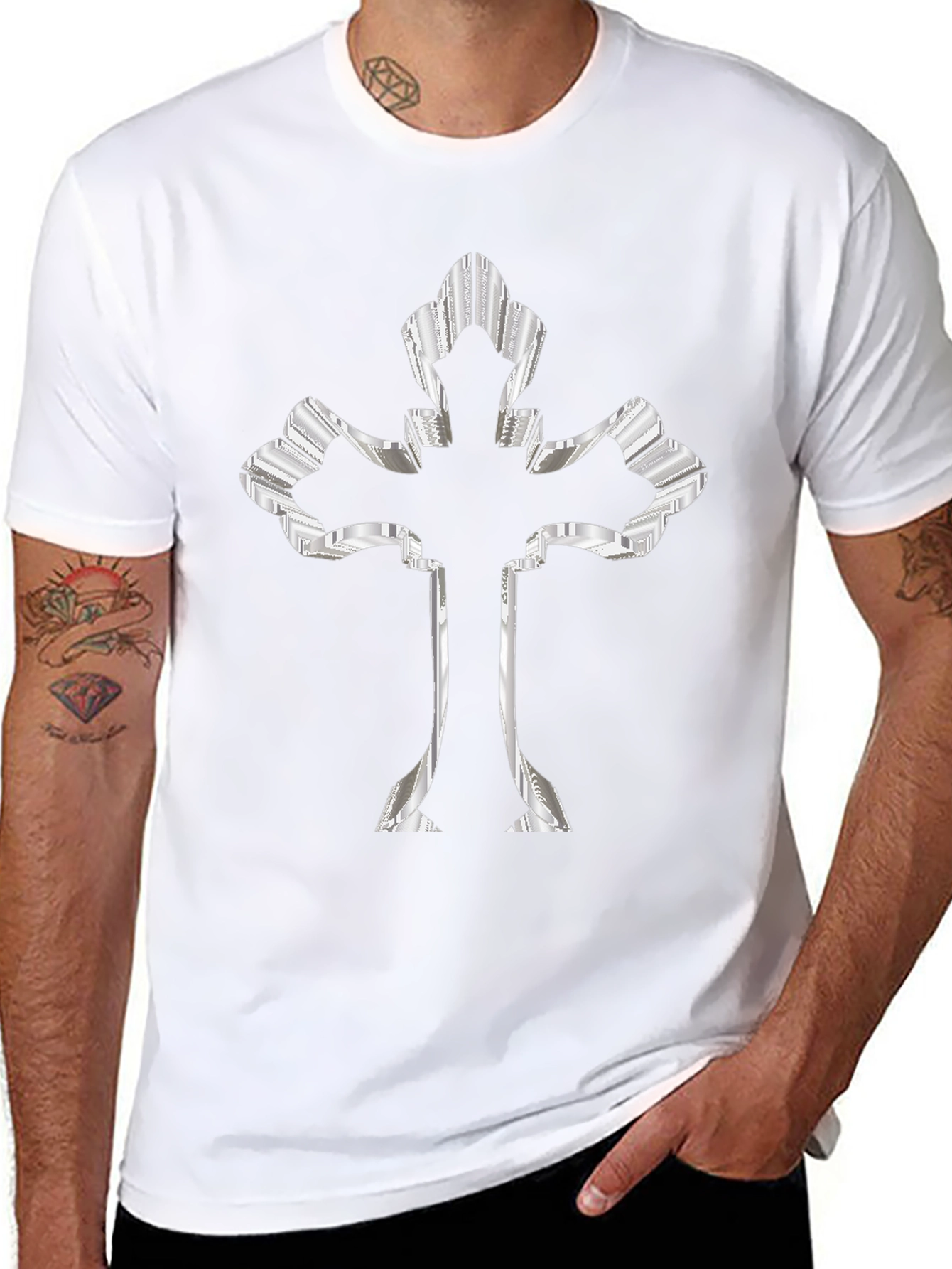 Black Black Tee with 3D Silver Cross view 8