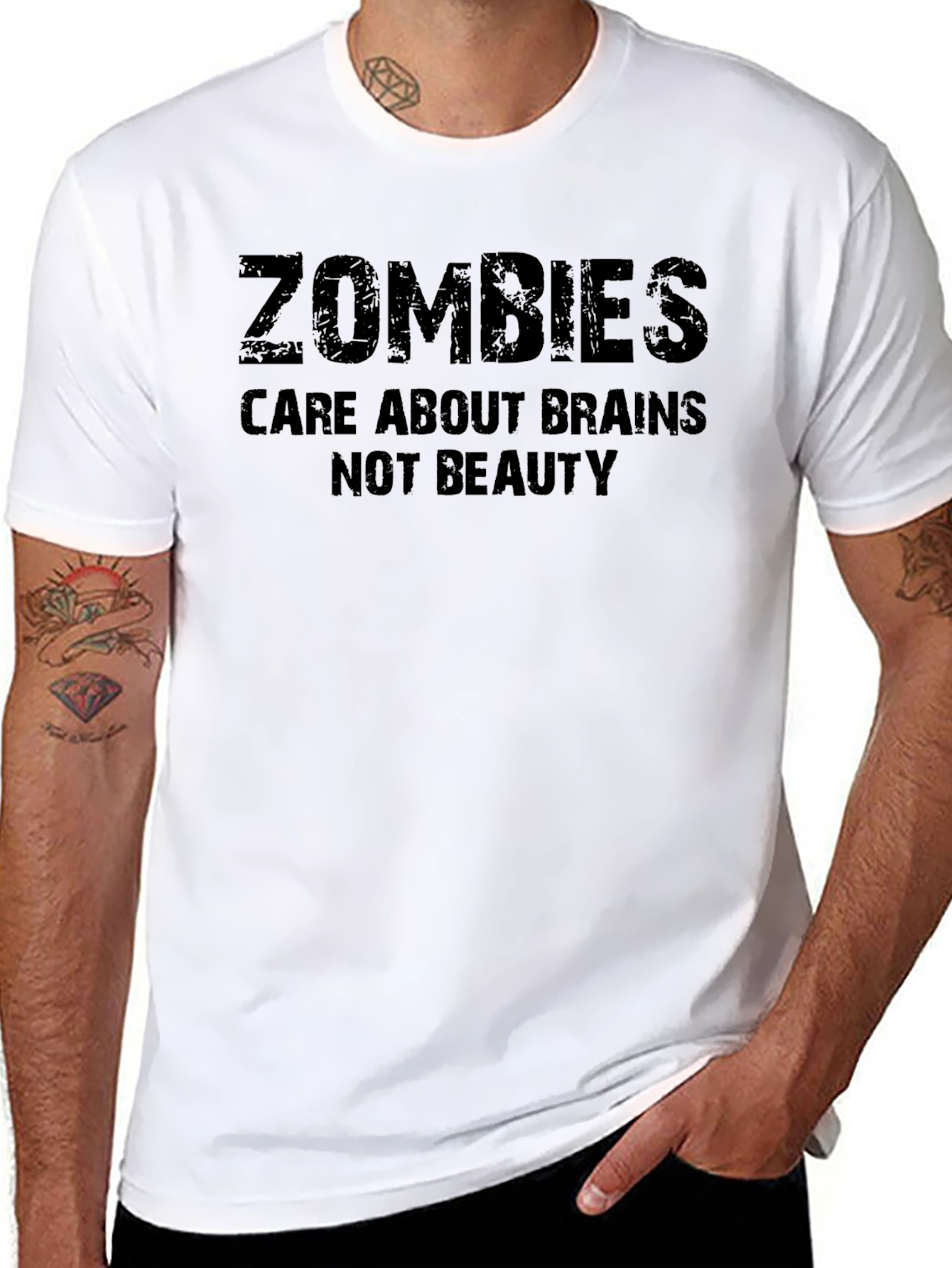 Black Zombies Care About Brains Funny T-Shirt view 8