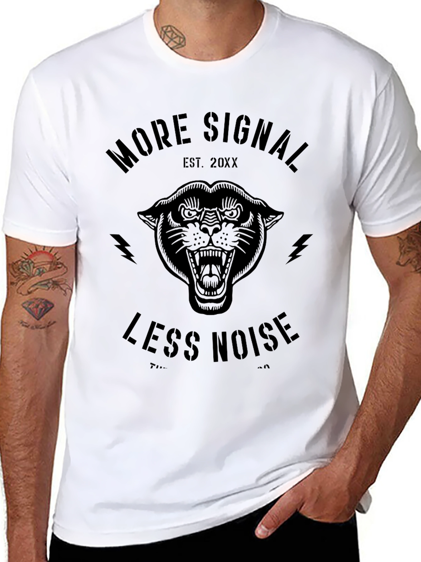 Black More Signal Less Noise Panther Graphic Tee view 8