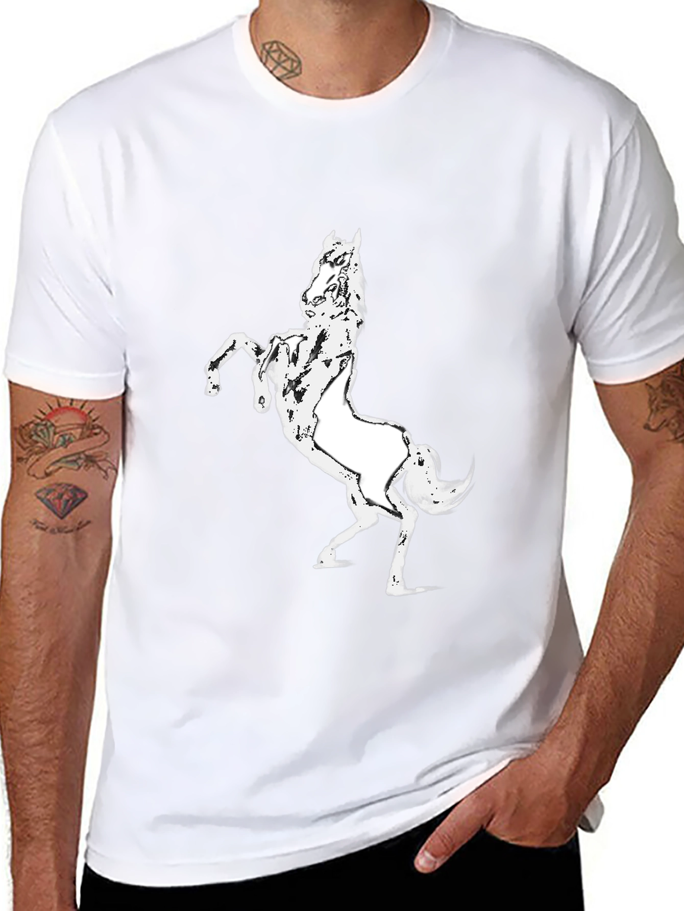 Black Black T-Shirt with White Horse Graphic view 8