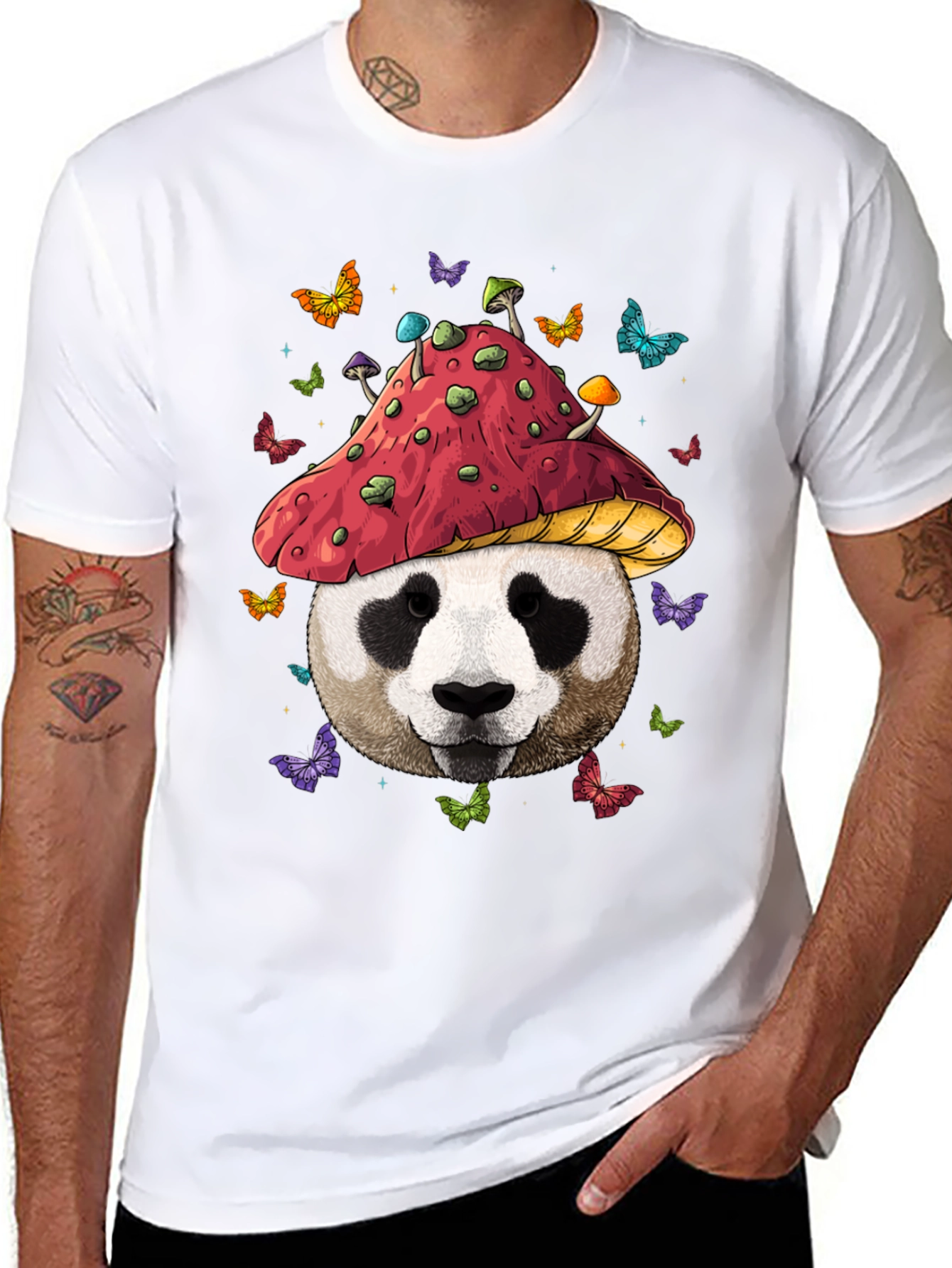 Black Panda Mushroom T-Shirt - Whimsical Graphic Tee view 8