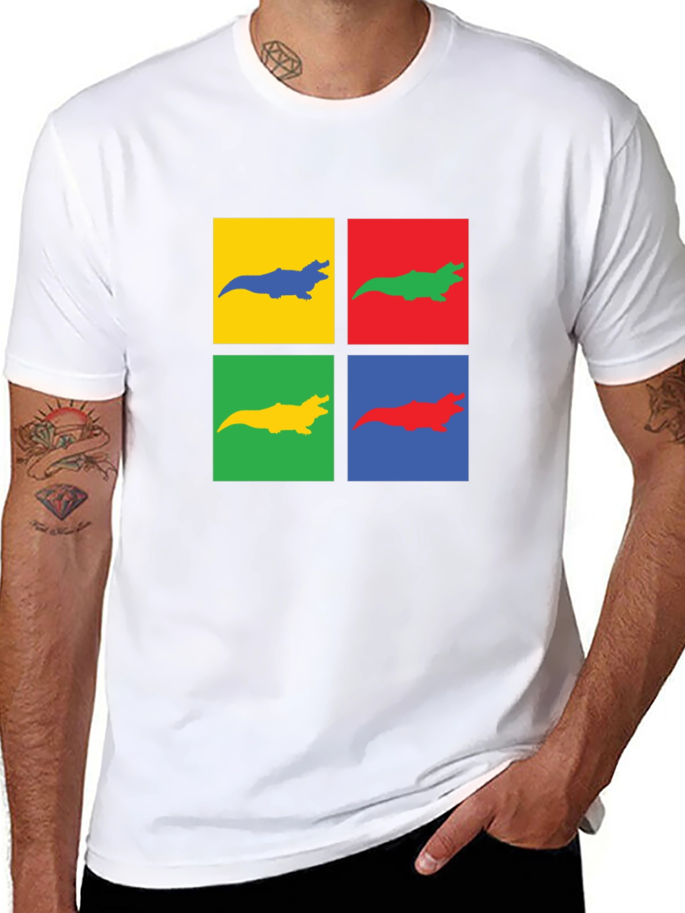 Black Pop Art Alligator Print Black T-Shirt view 8