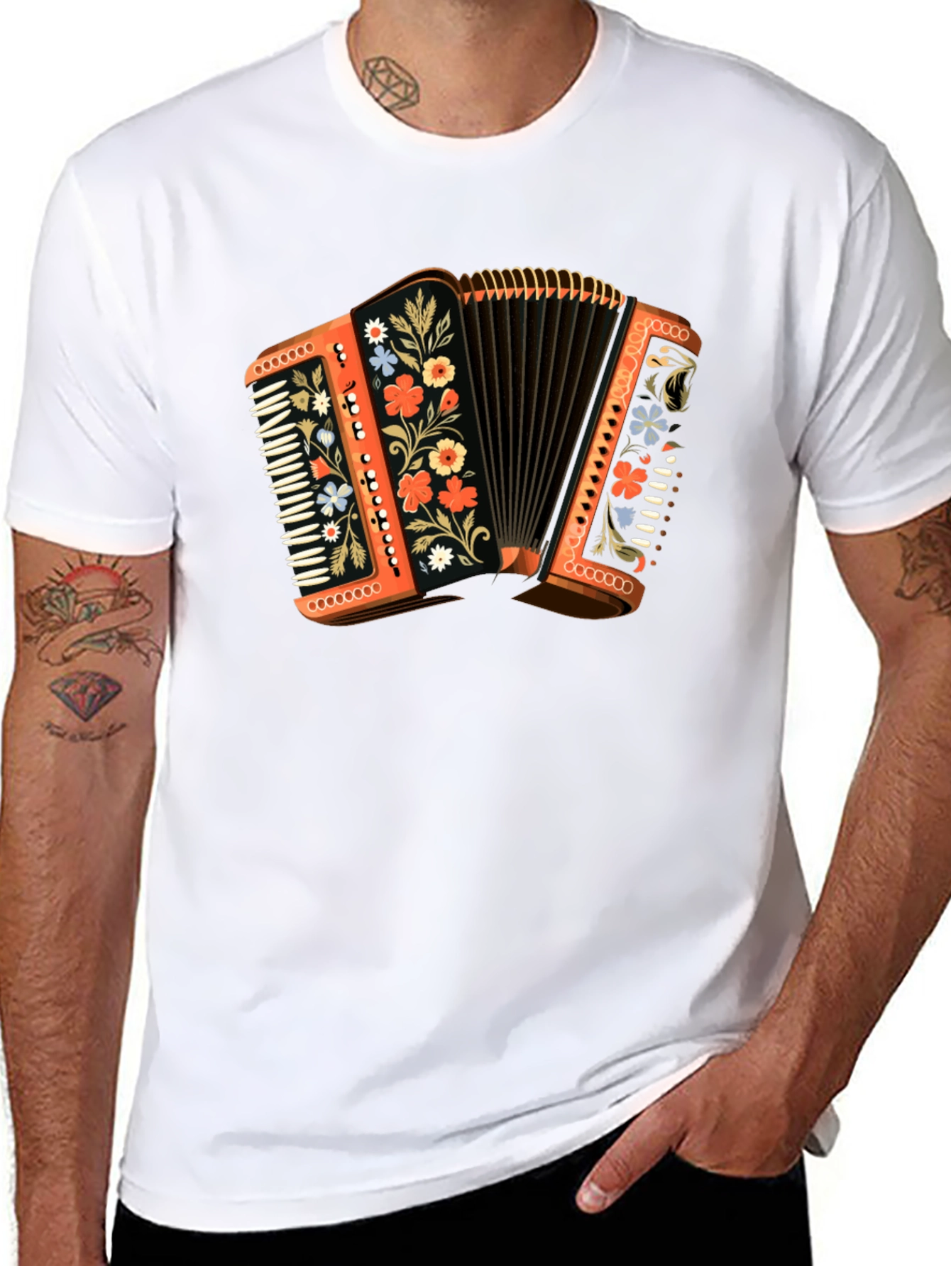 Black Accordion Floral T-Shirt - Music Lover Gift view 8