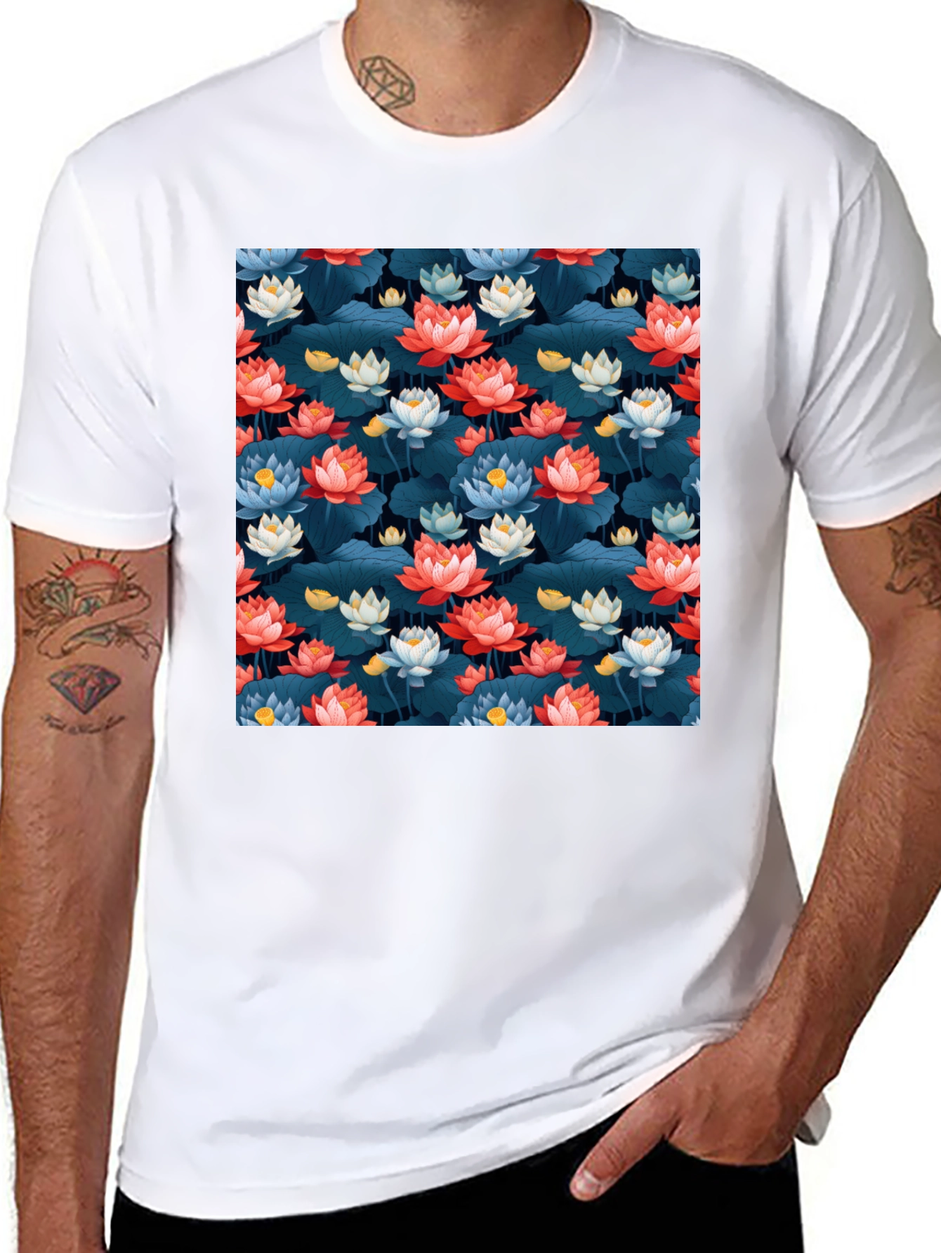 Black Lotus Flower Print Black T-Shirt view 8