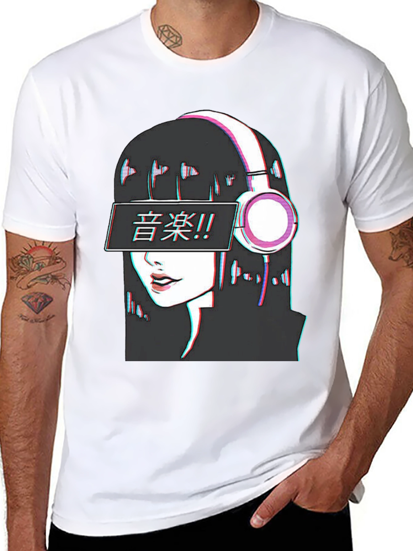 Black Anime Girl Music T-Shirt - Glitch Effect view 8