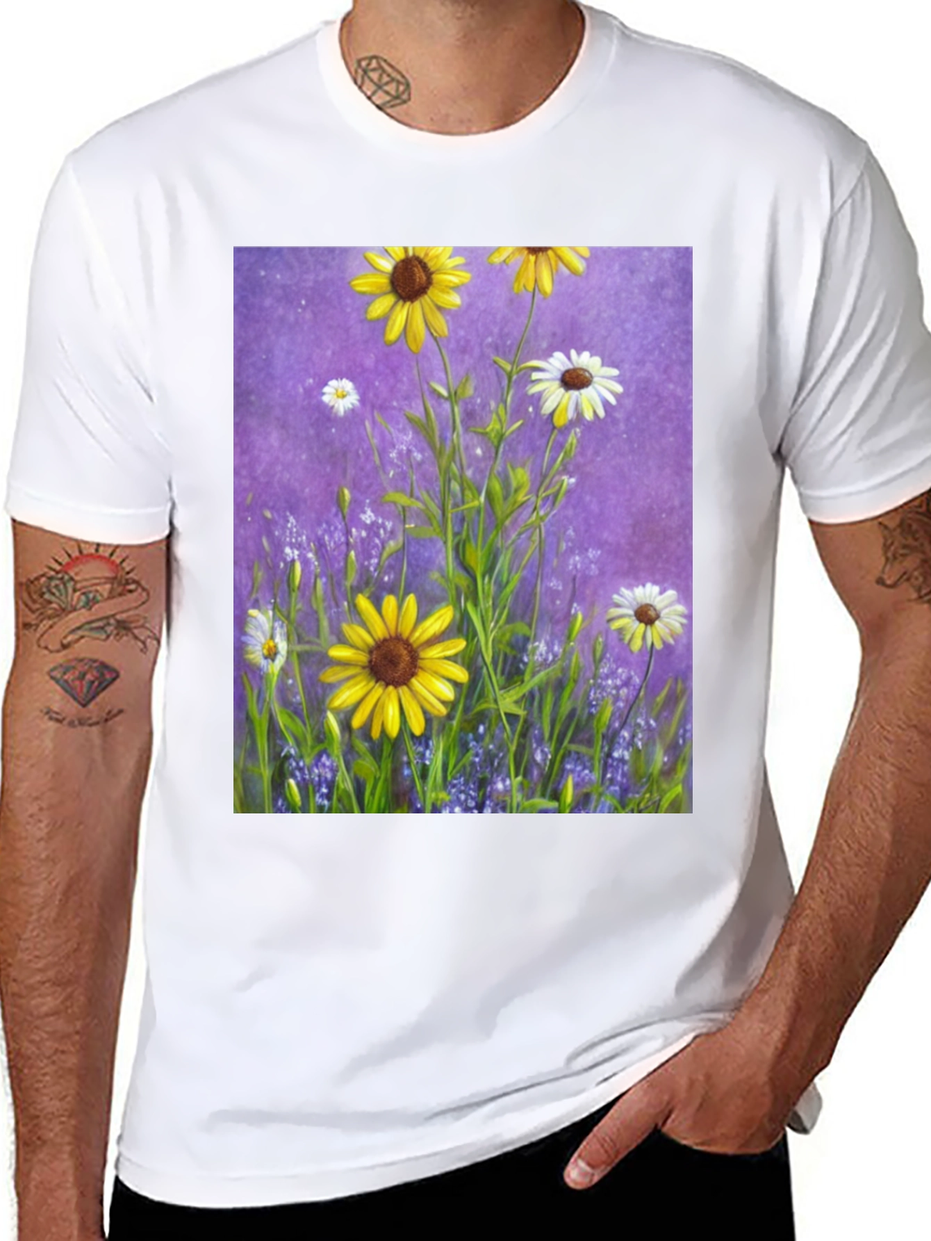 Black Floral Garden T-Shirt: Vibrant Sunflower Meadow Design view 8