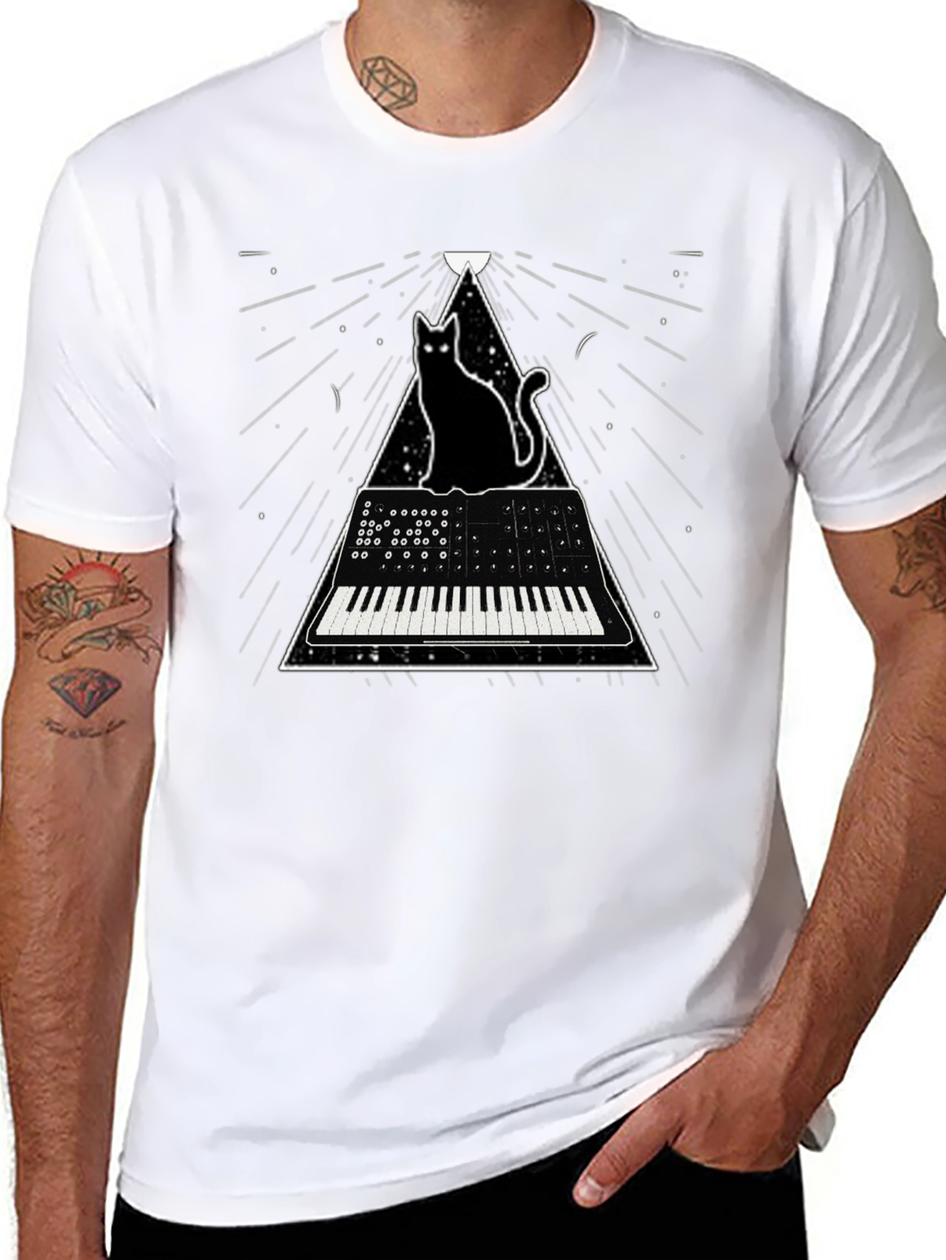 Black Cat Keyboard T-Shirt - Synthwave Style view 8