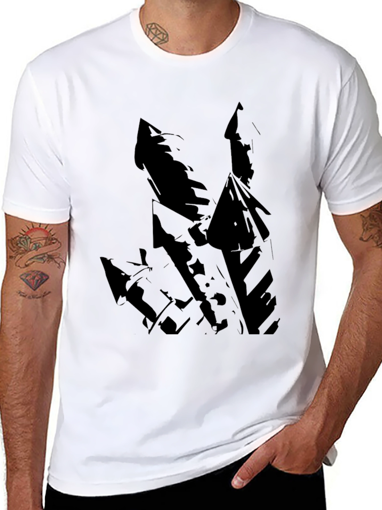 Black Men's Black T-Shirt with Abstract Castle Design view 8