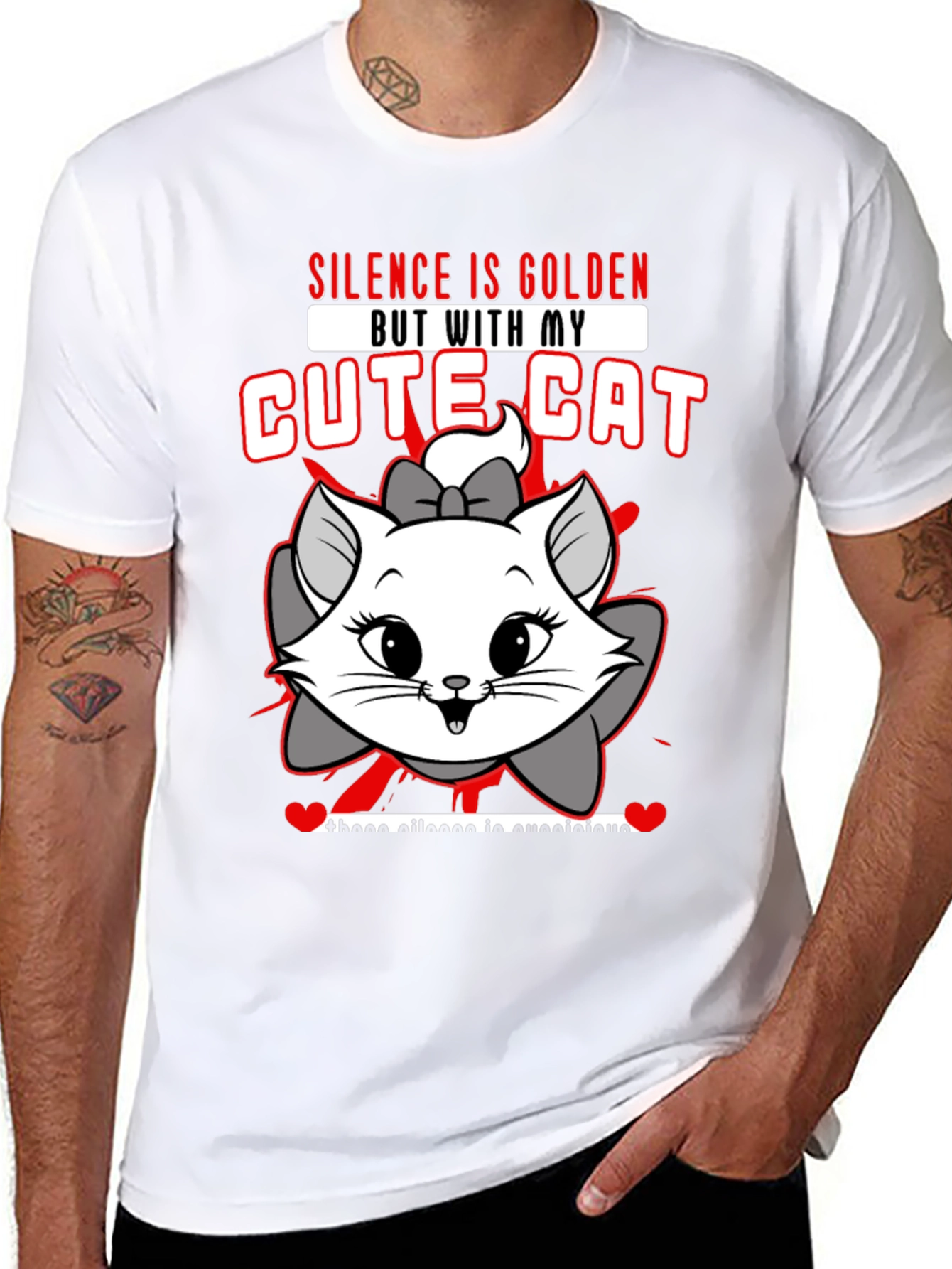 Black Cute Cat Graphic Tee - "Silence is Golden" view 8