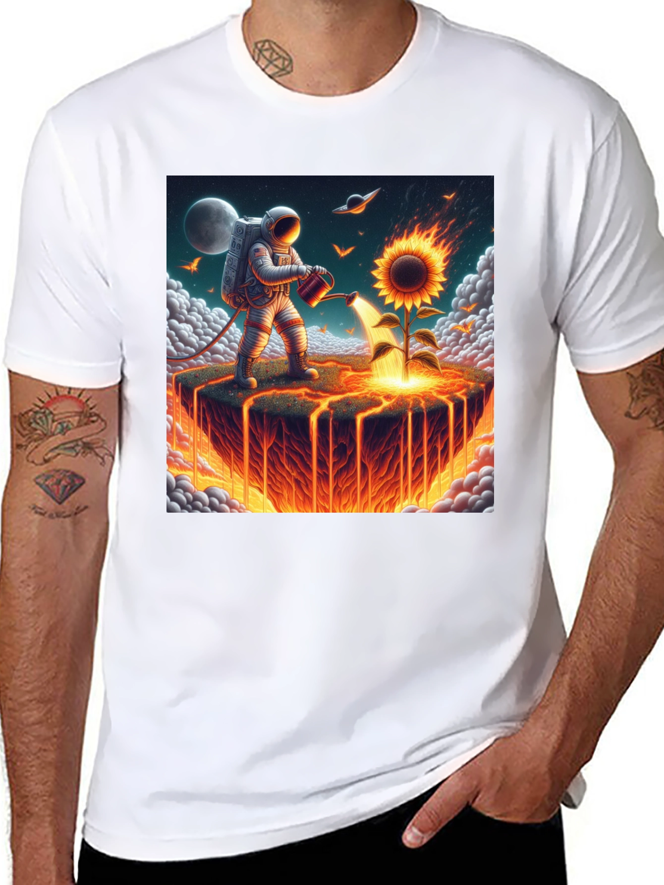 Black Astronaut Watering Fire Sunflower T-Shirt view 8