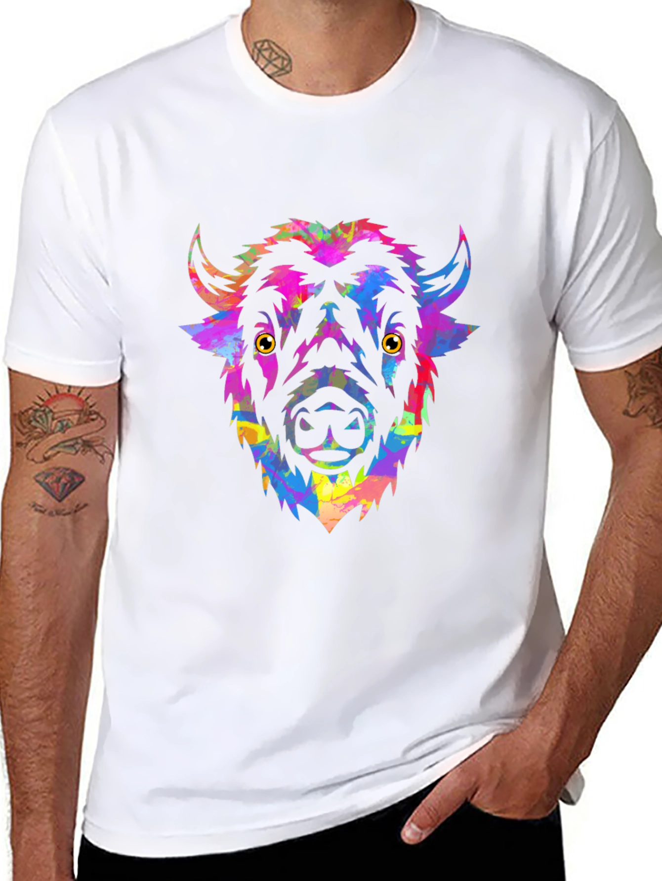 Black Colorful Bison Head Graphic Tee - Men's Black T-Shirt view 8