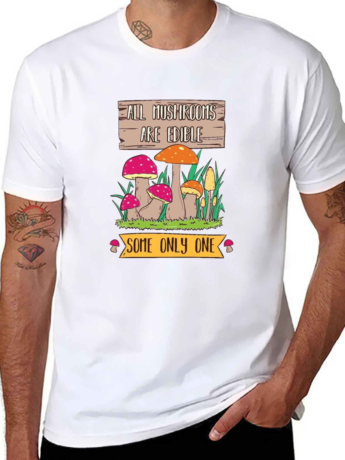 Black Funny Mushroom Graphic Tee - All Mushrooms Are Edible view 8