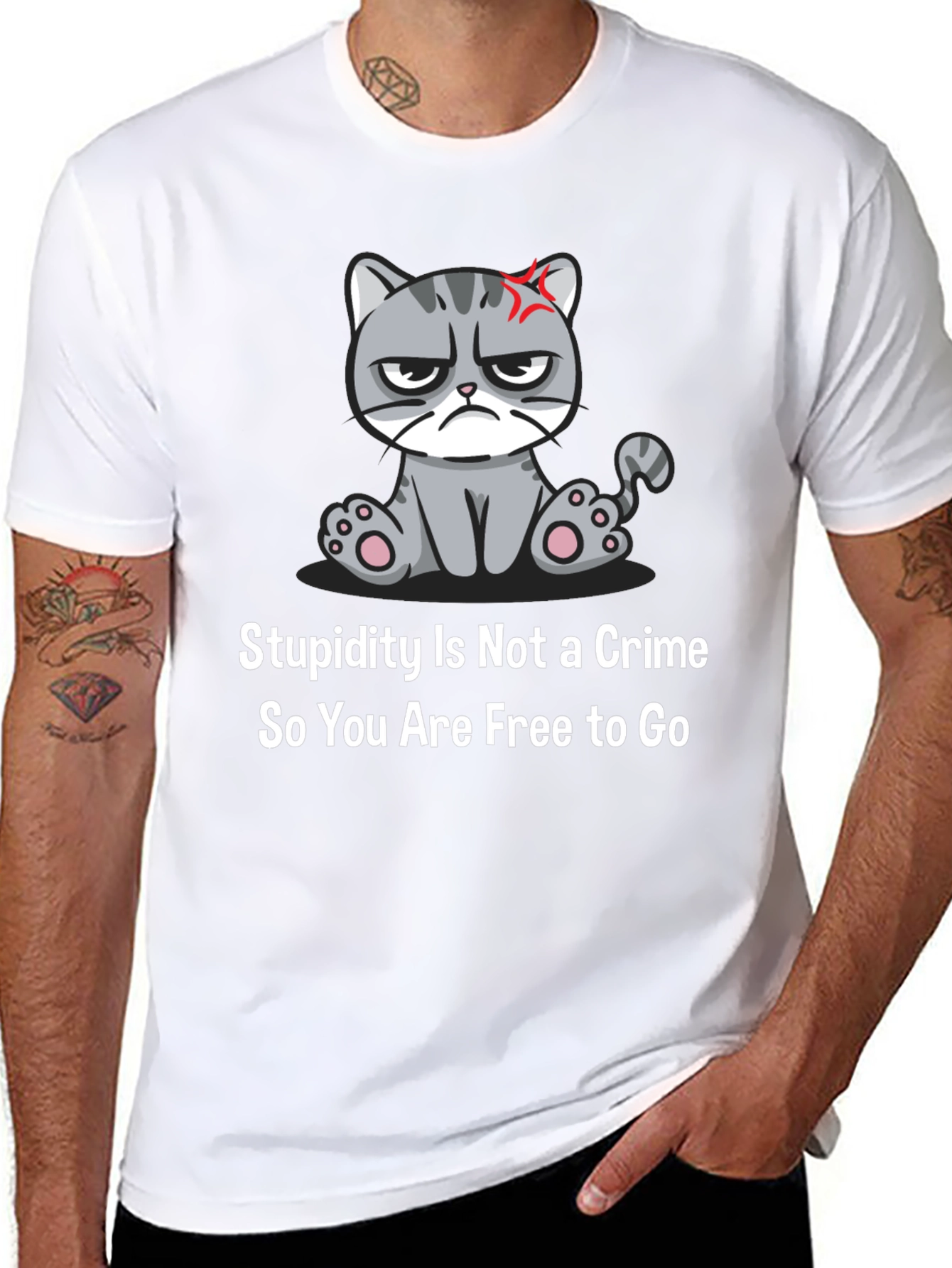 Black Grumpy Cat T-Shirt: Stupidity Is Not a Crime - Funny Sarcastic Tee view 8