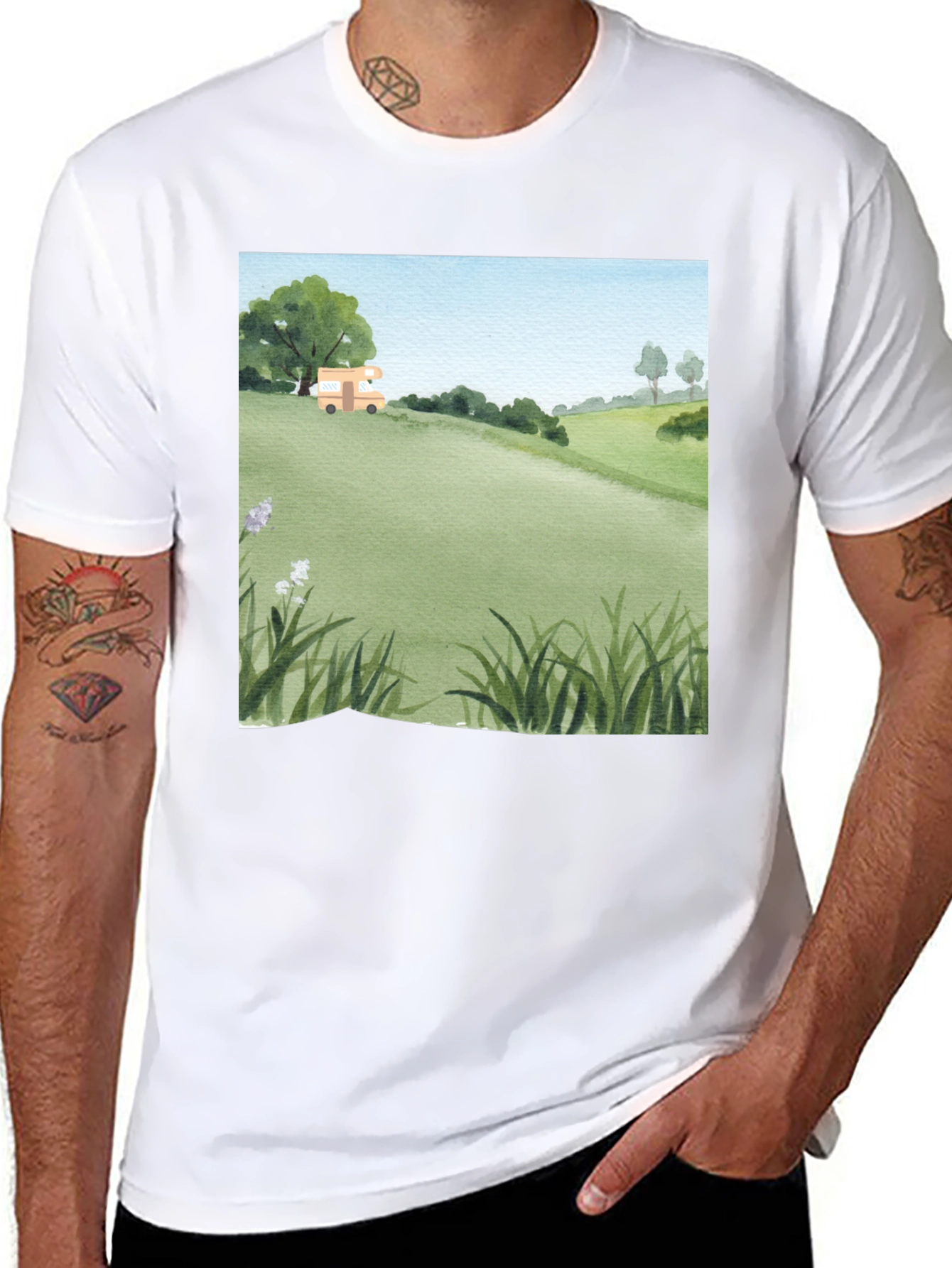 Black Watercolor Landscape Camper T-Shirt view 8