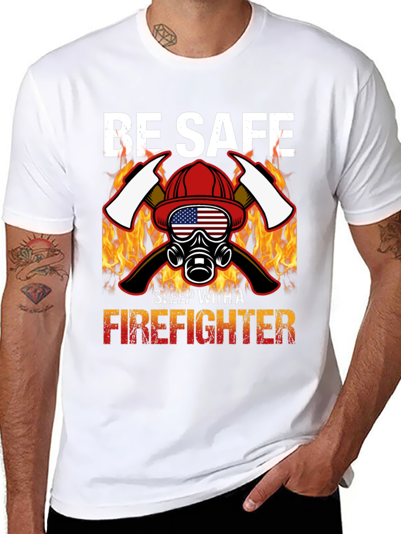 Black Be Safe Sleep With A Firefighter Black T-Shirt view 8