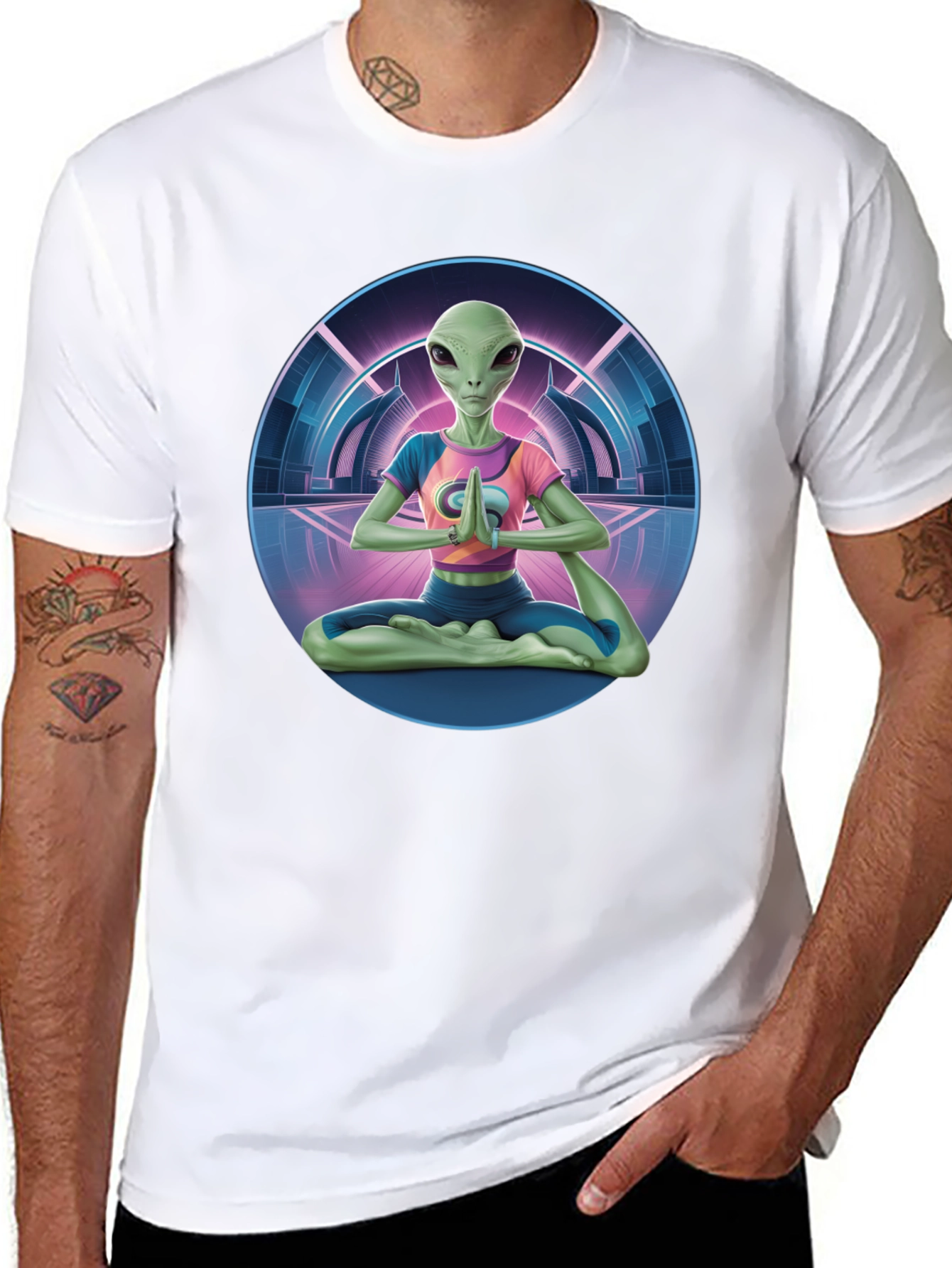 Black Alien Yoga Meditation T-Shirt - Men's Black Graphic Tee view 8