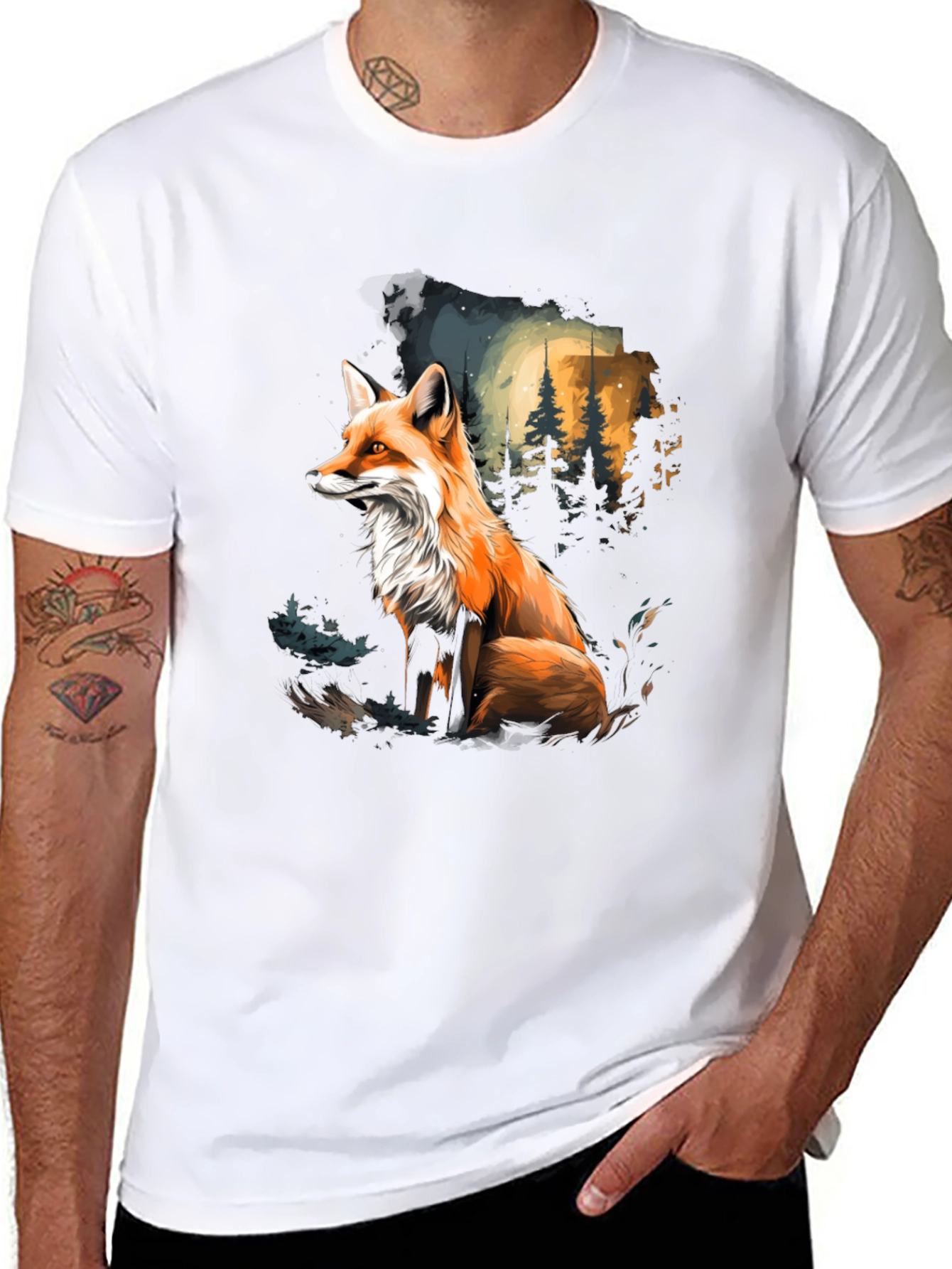 Black Fox in Forest Graphic Tee - Stylish Black T-Shirt view 8