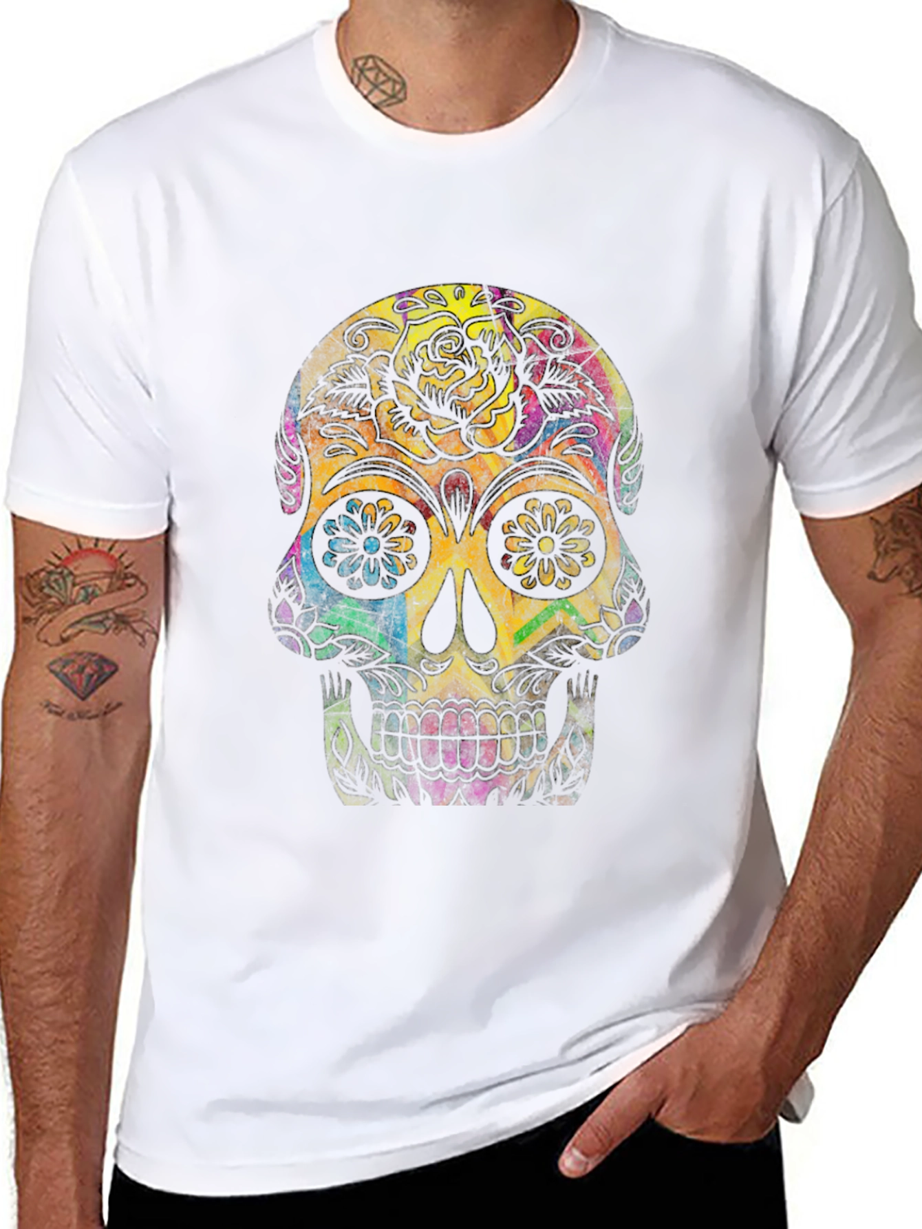 Black Colorful Sugar Skull Graphic Tee view 8