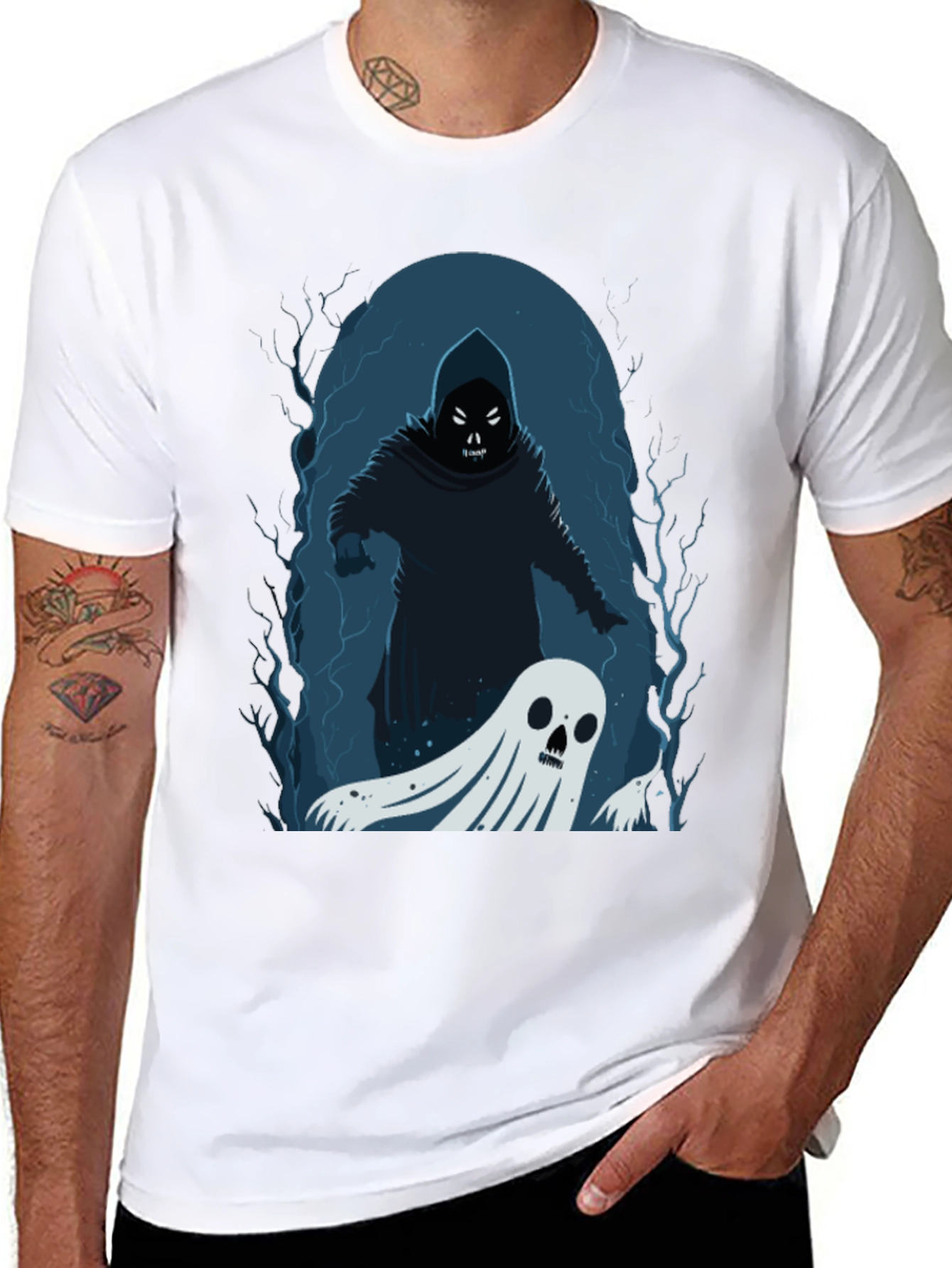 Black Spooky Grim Reaper & Ghost Black T-Shirt view 8