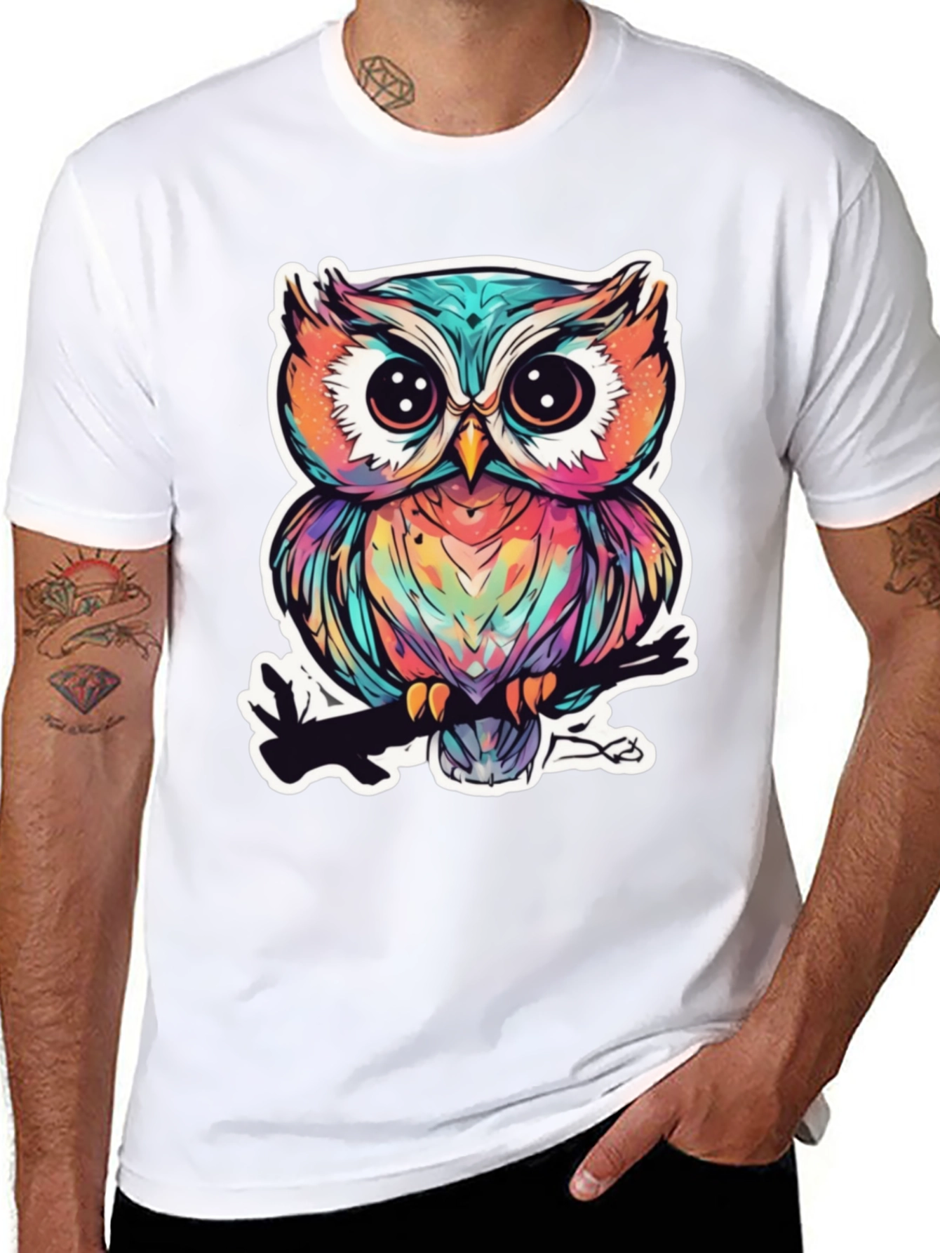 Black Colorful Owl Graphic Tee - Unique Bird Design view 8
