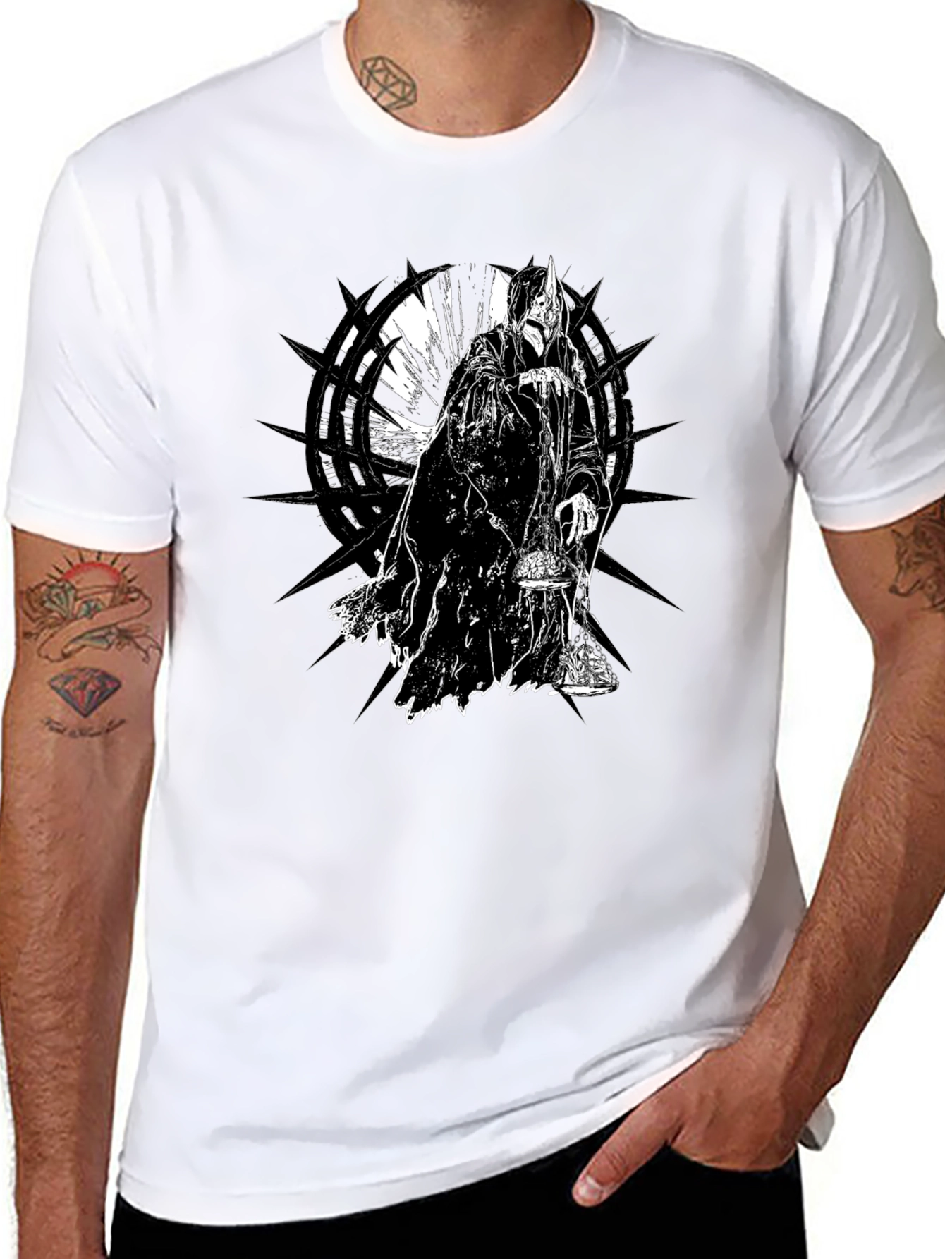 Black Men's Black T-Shirt with Fantasy Grim Reaper Design view 8