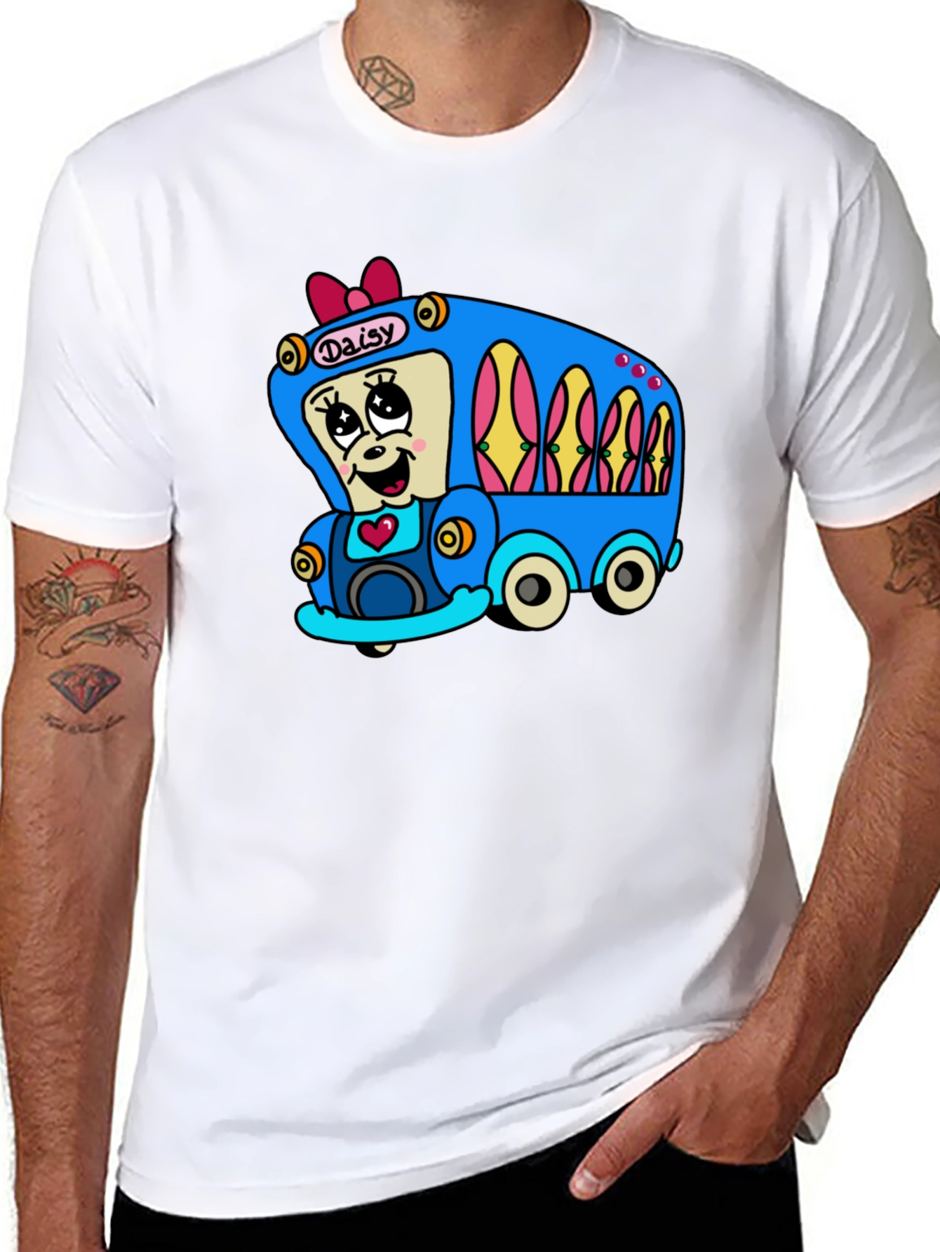 Black Daisy Bus Cartoon T-Shirt - Fun & Unique Graphic Tee view 8