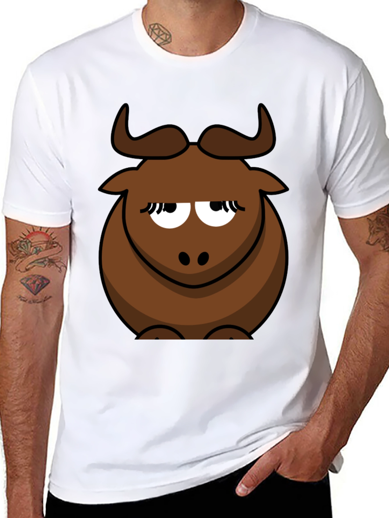 Black Funny Cartoon Bull Graphic T-Shirt - Unisex Black Tee view 8