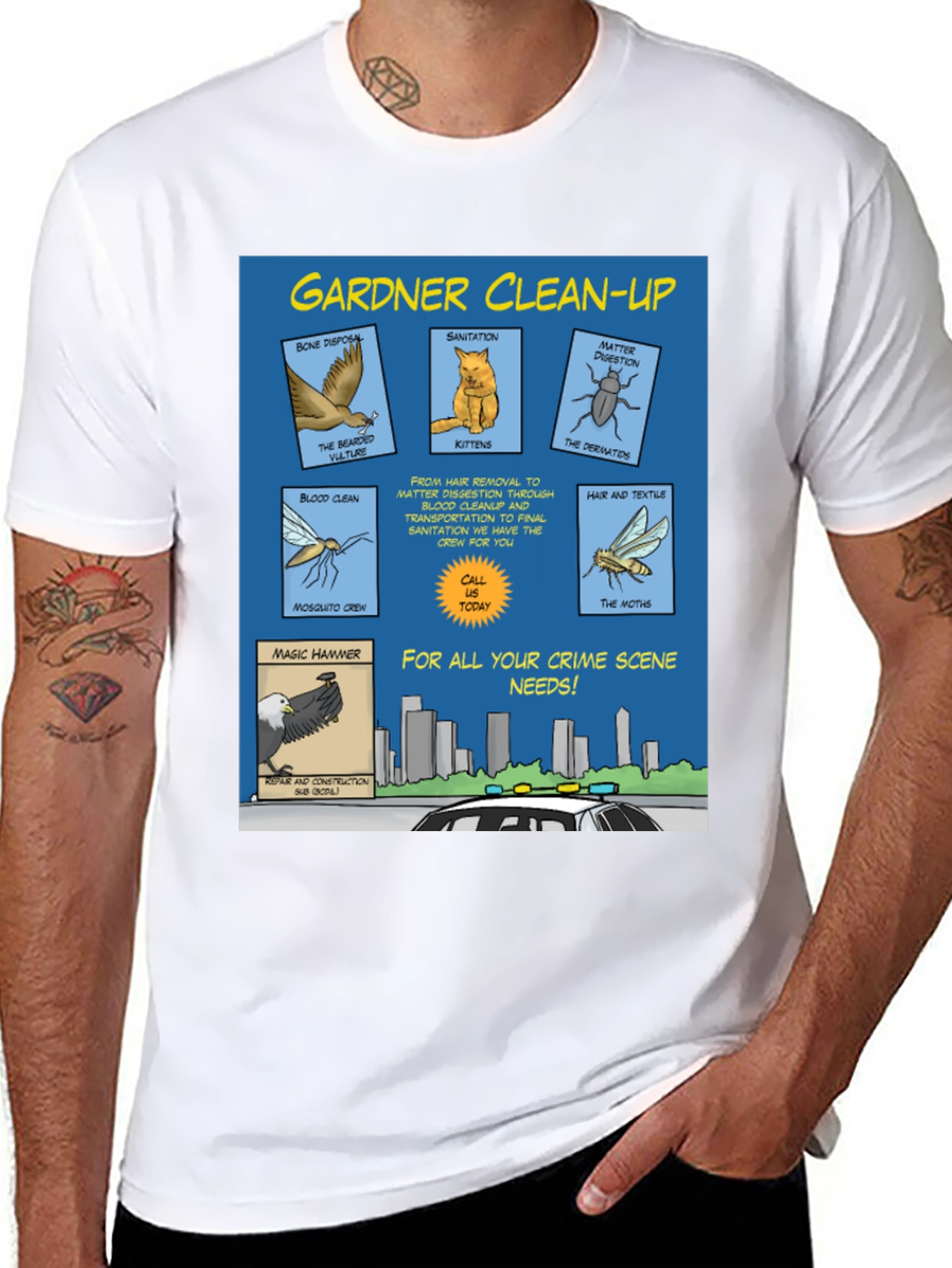 Black Gardner Clean-Up T-Shirt - Crime Scene Cartoon view 8
