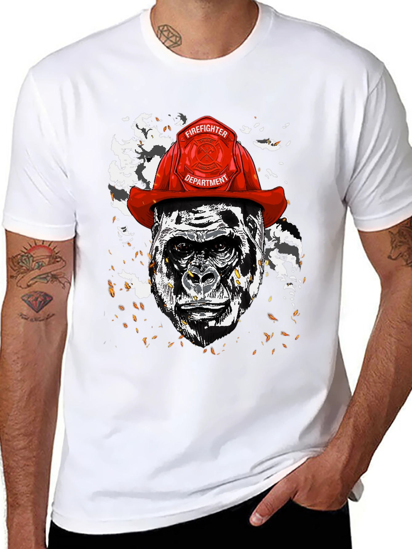 Black Gorilla Firefighter Graphic T-Shirt - Novelty Design view 8