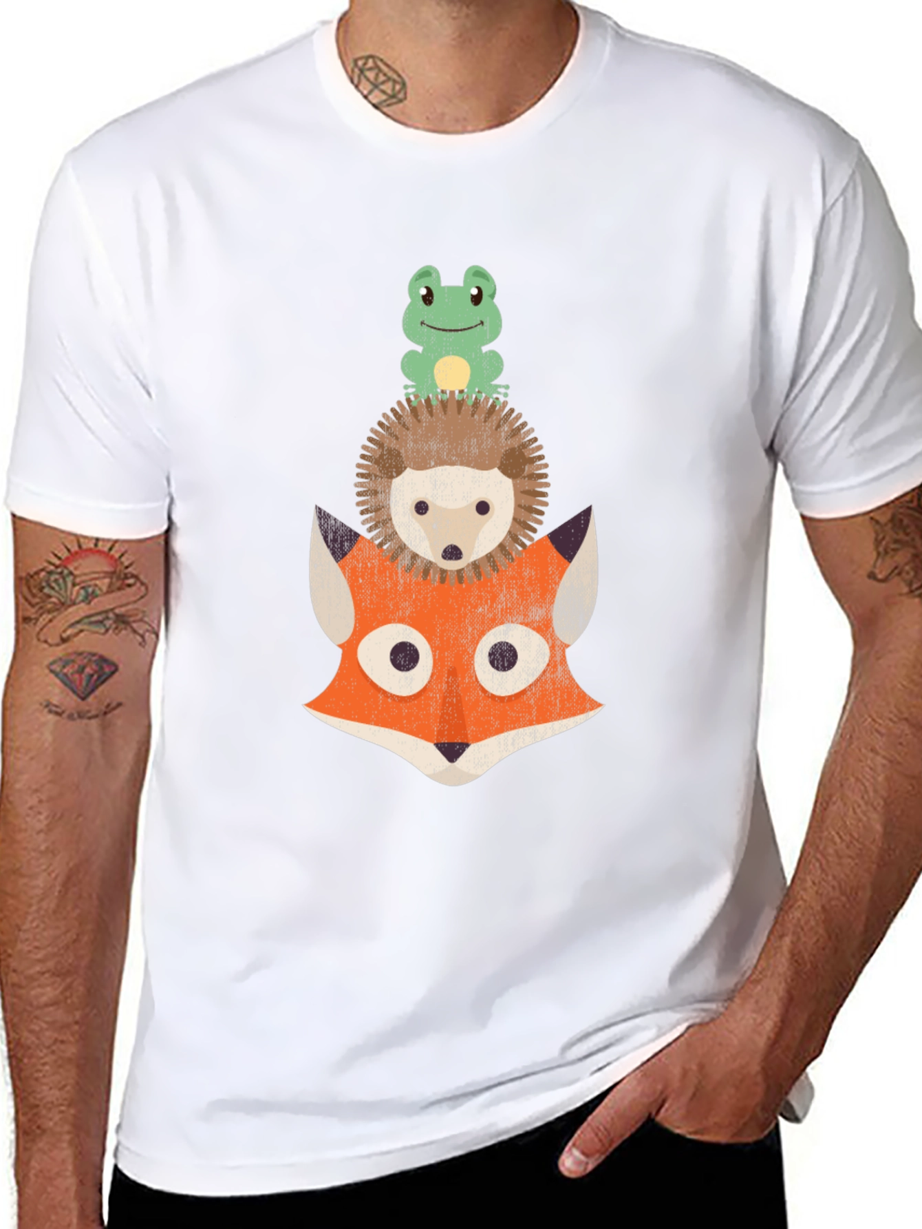Black Stacked Animal Tee: Frog, Hedgehog, and Fox Design T-Shirt view 8