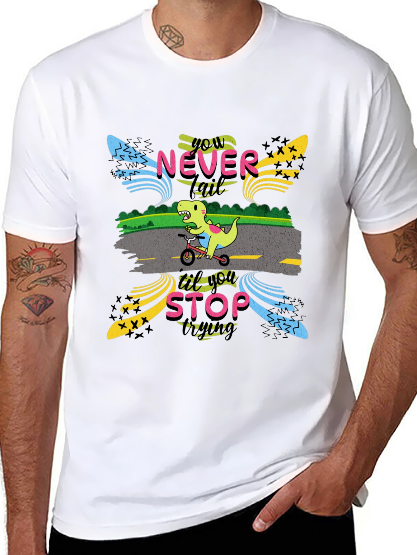 Black Never Stop Trying T-Shirt: Dino on Bike view 8