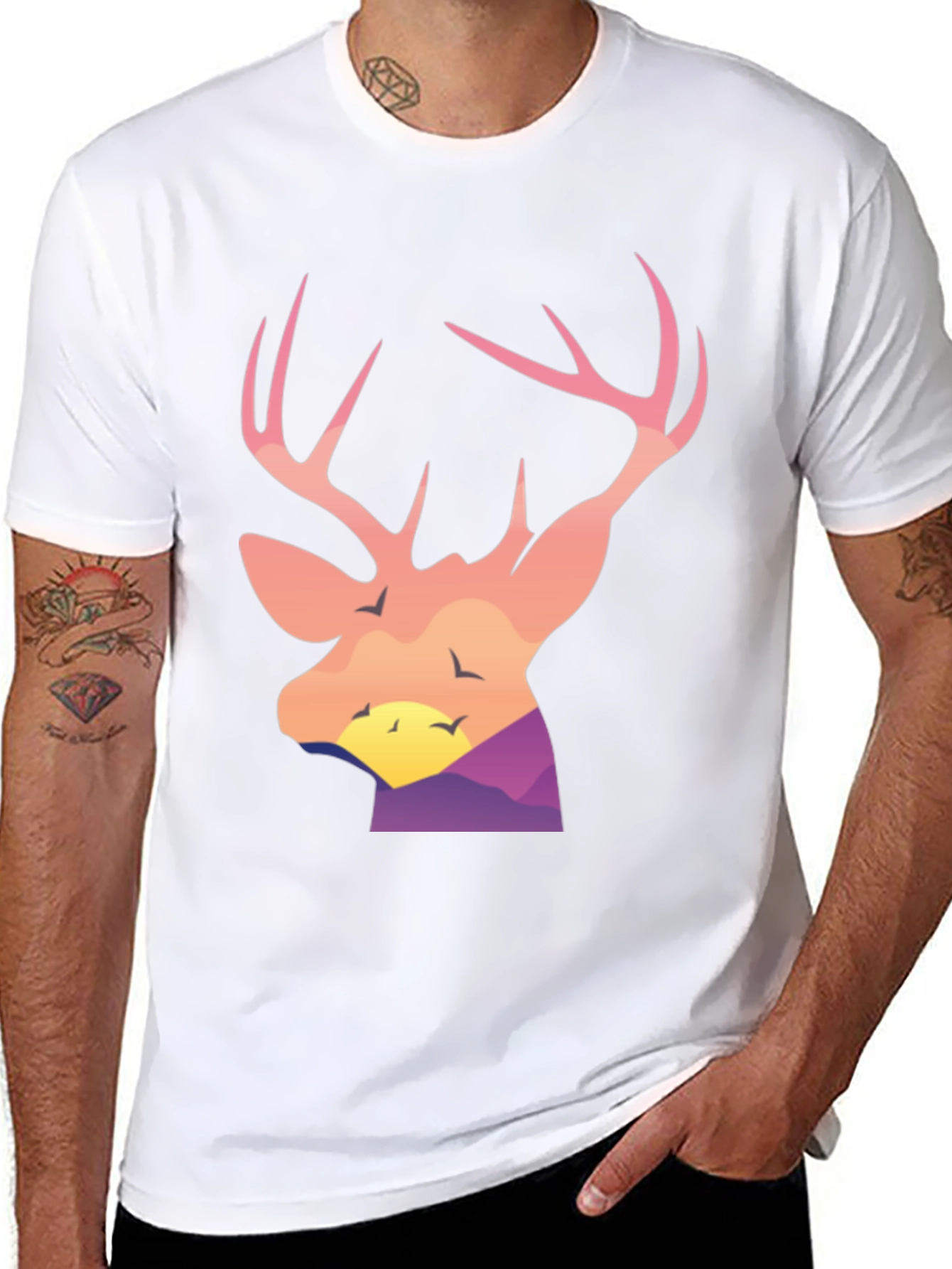Black Deer Head Sunset Graphic Tee - Black Cotton Blend Shirt view 8