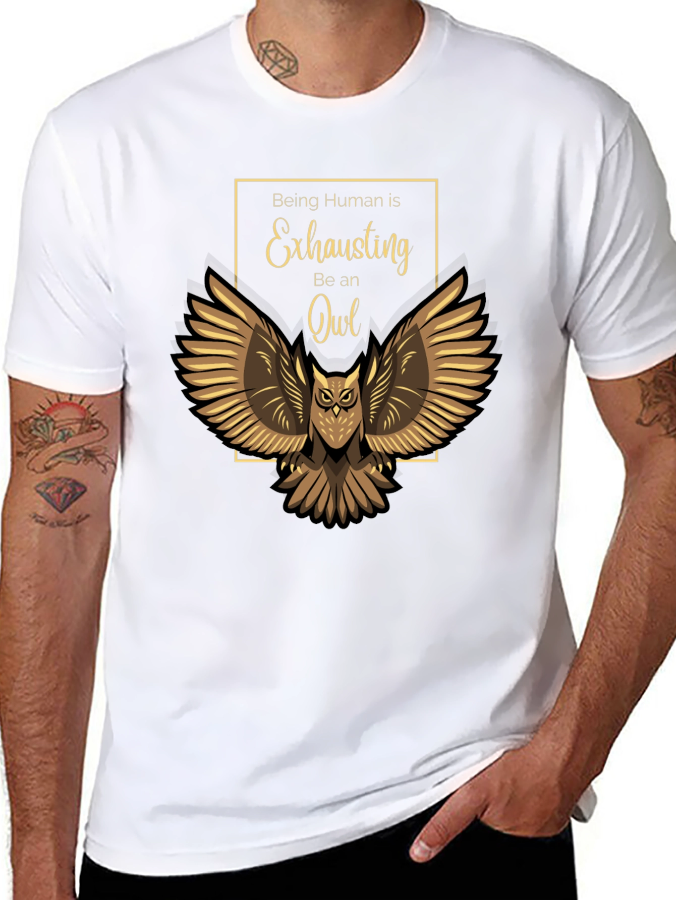 Black Being Human Exhausting Owl T-Shirt view 8