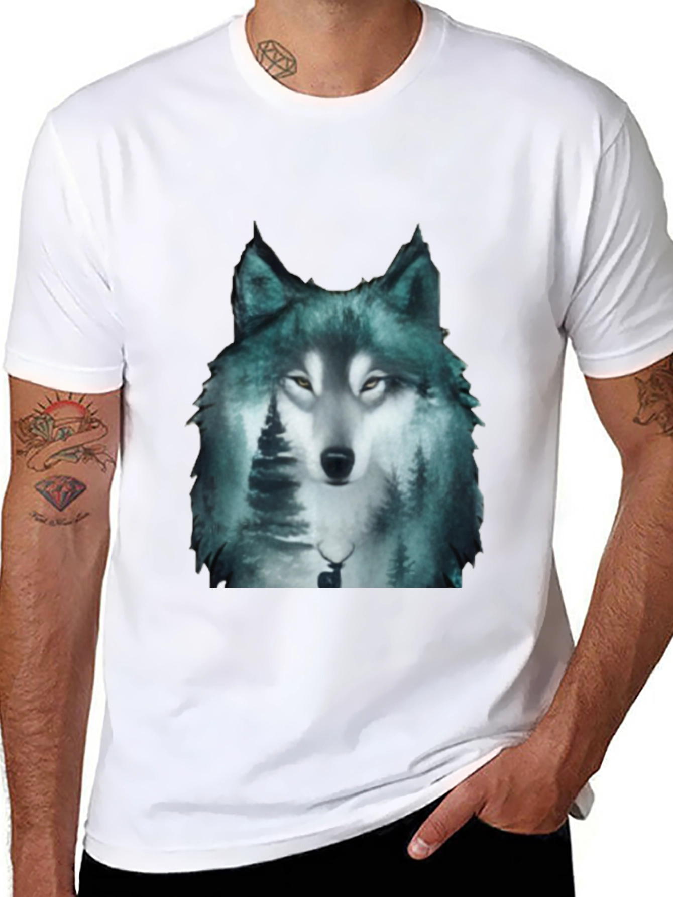 Black Wolf Forest Print Black T-Shirt view 8