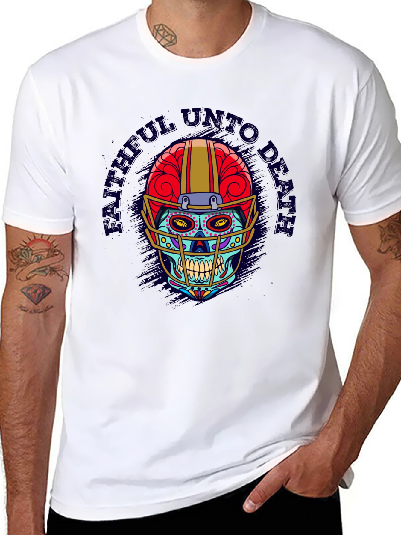 Black Faithful Unto Death Football Skull T-Shirt view 8