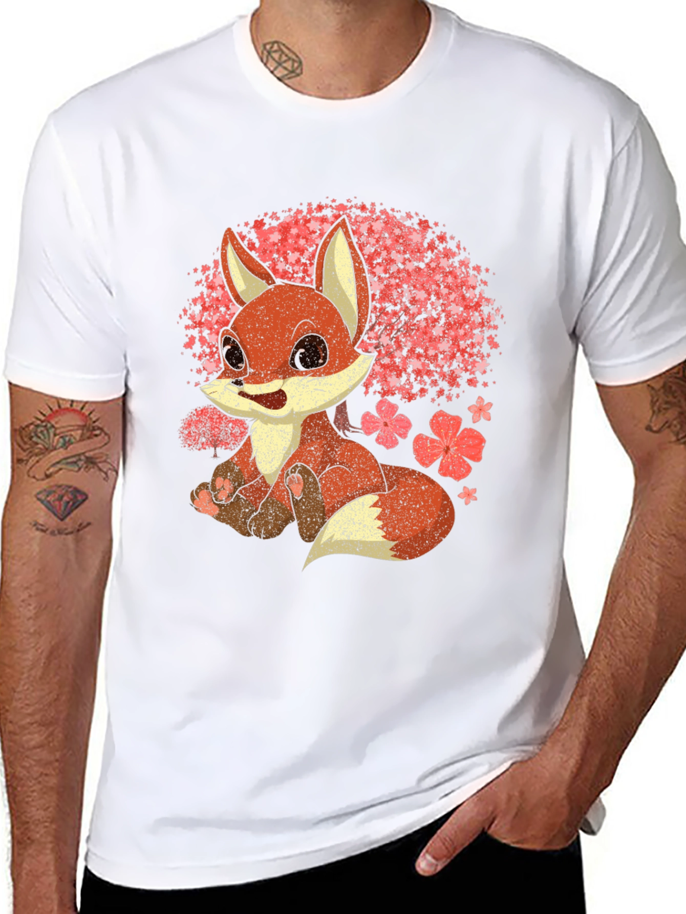 Black Cute Fox T-Shirt - Cherry Blossom Design view 8