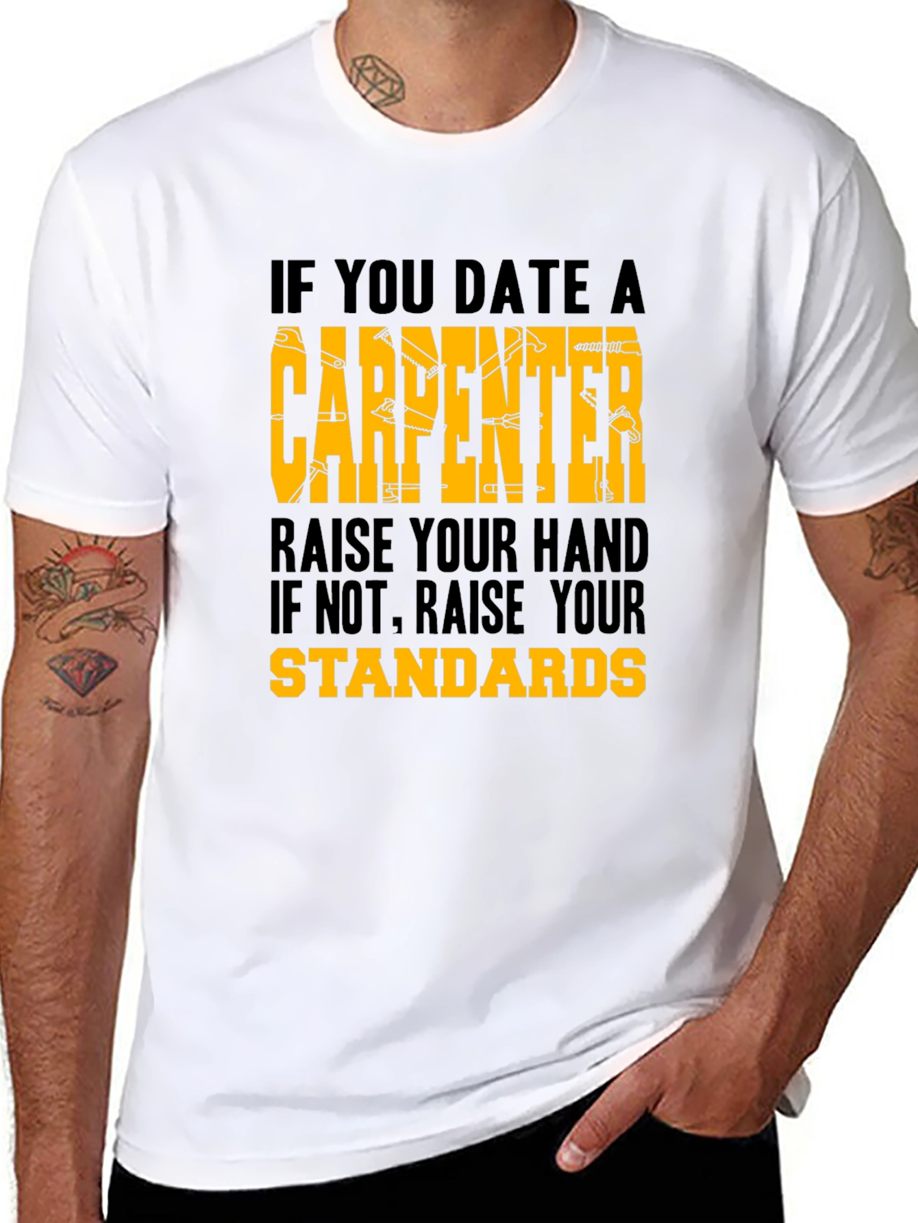 Black Carpenter Humor Graphic Tee - 'Raise Your Standards' Shirt view 8