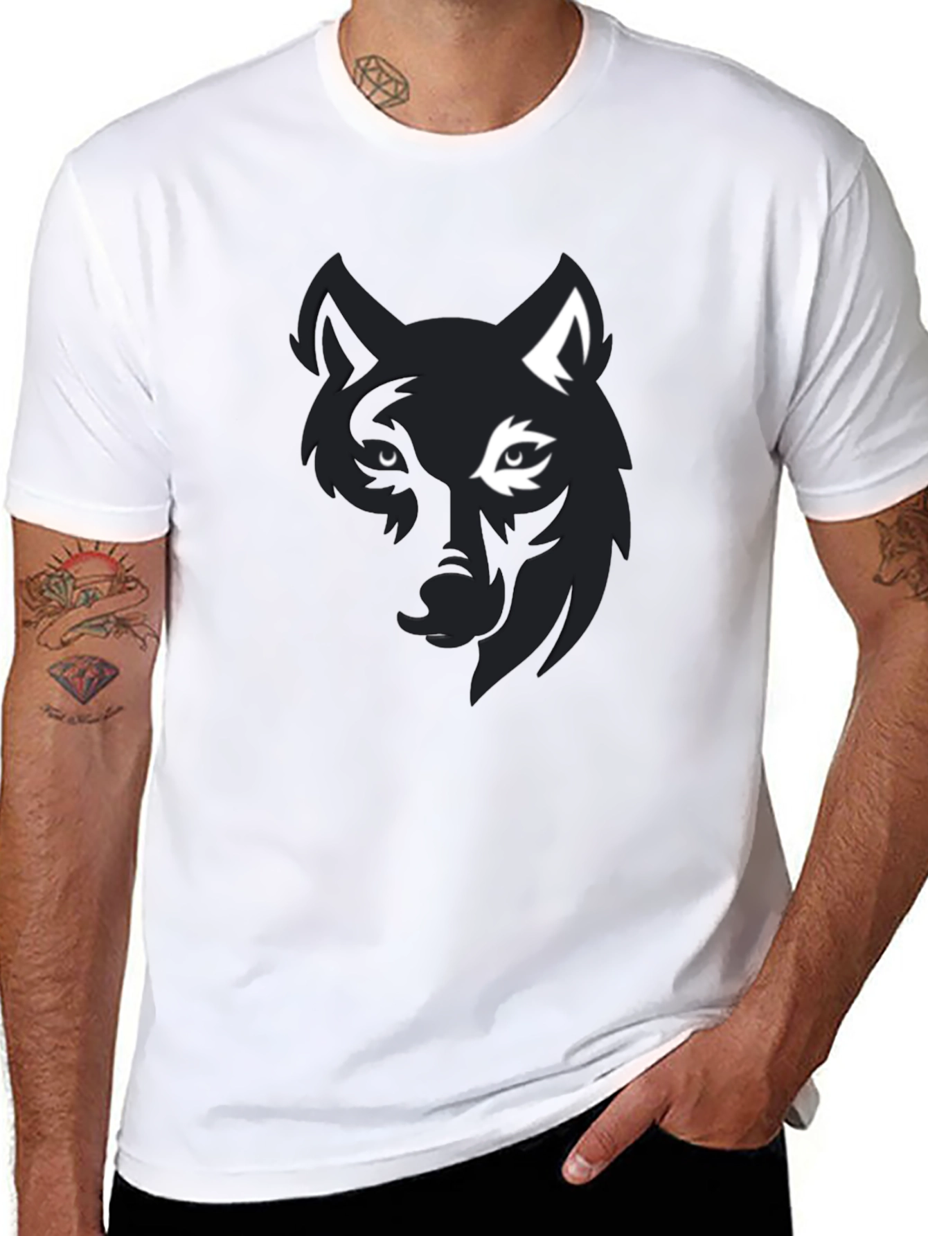 Black Wolf Graphic Print Black T-Shirt for Men view 8
