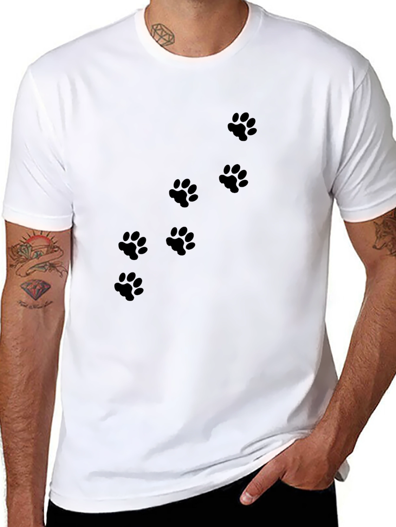 Black Men's Black T-Shirt with Paw Prints view 8