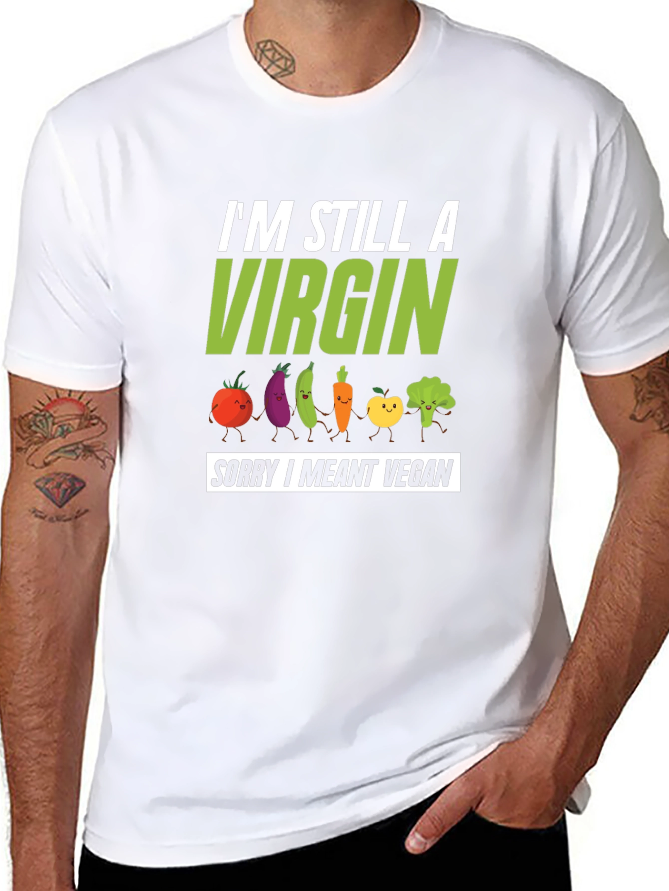 Black Vegan Pun T-Shirt - I'm Still A Virgin Sorry I Meant Vegan view 8