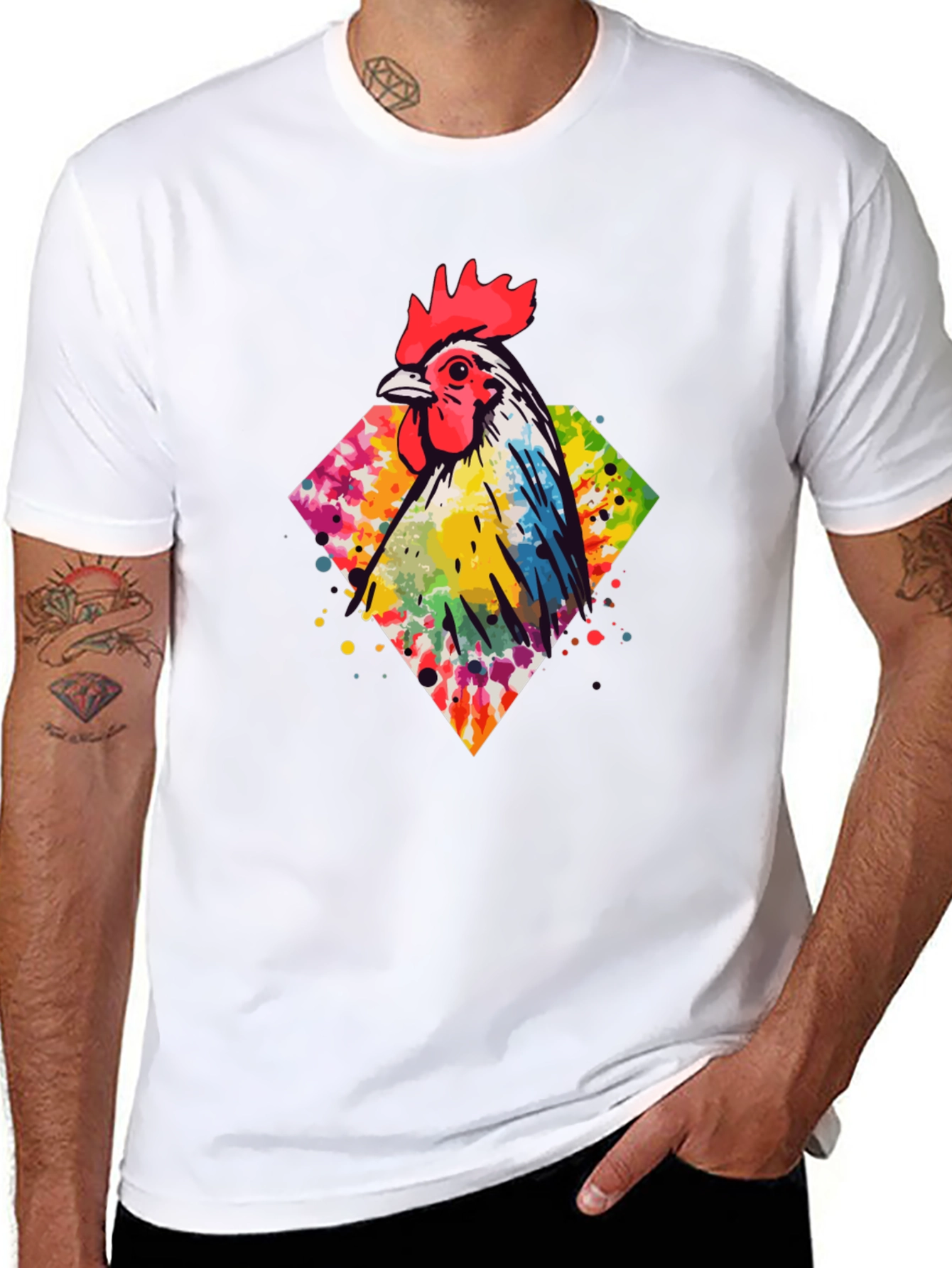 Black Watercolor Rooster Graphic Tee - Men's Black T-Shirt view 8