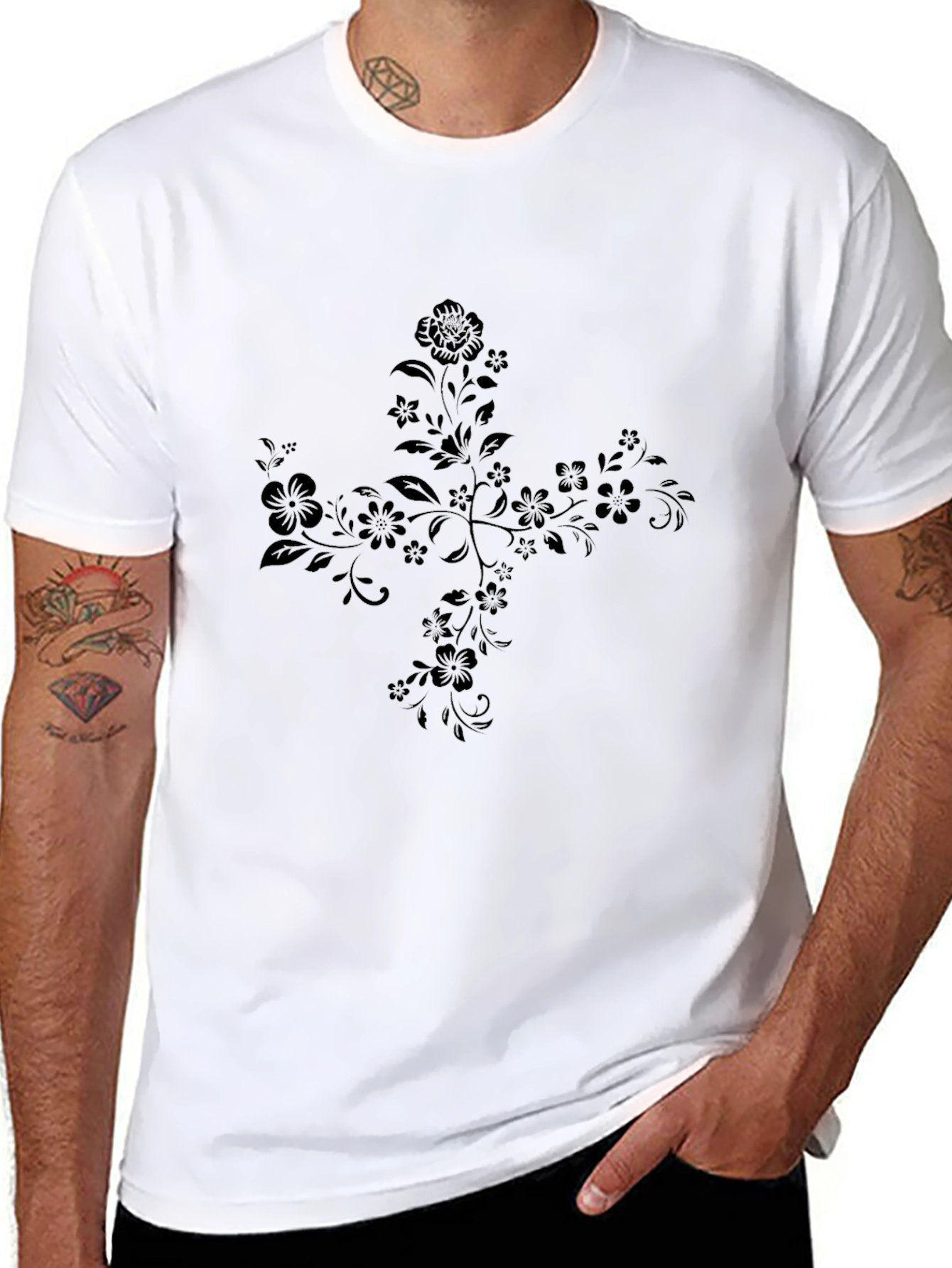 Black Floral Cross Graphic Tee - Black view 8