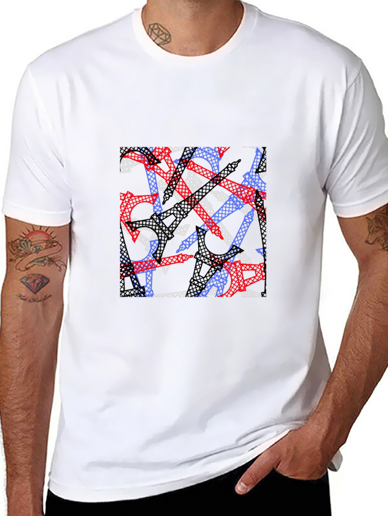Black Abstract Eiffel Tower Print Men's T-Shirt view 8