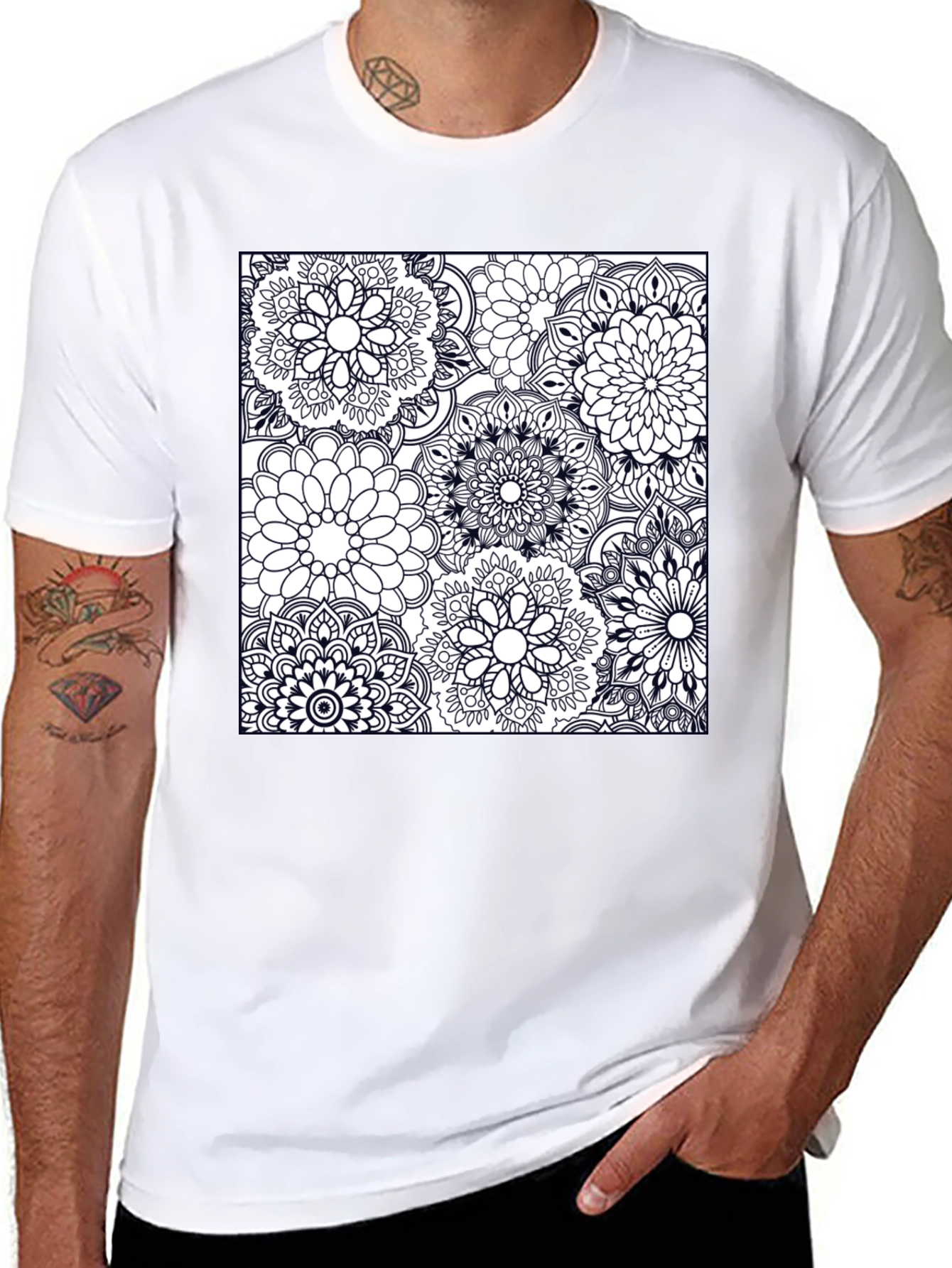Black Floral Mandala Graphic Tee - Casual Black T-Shirt view 8