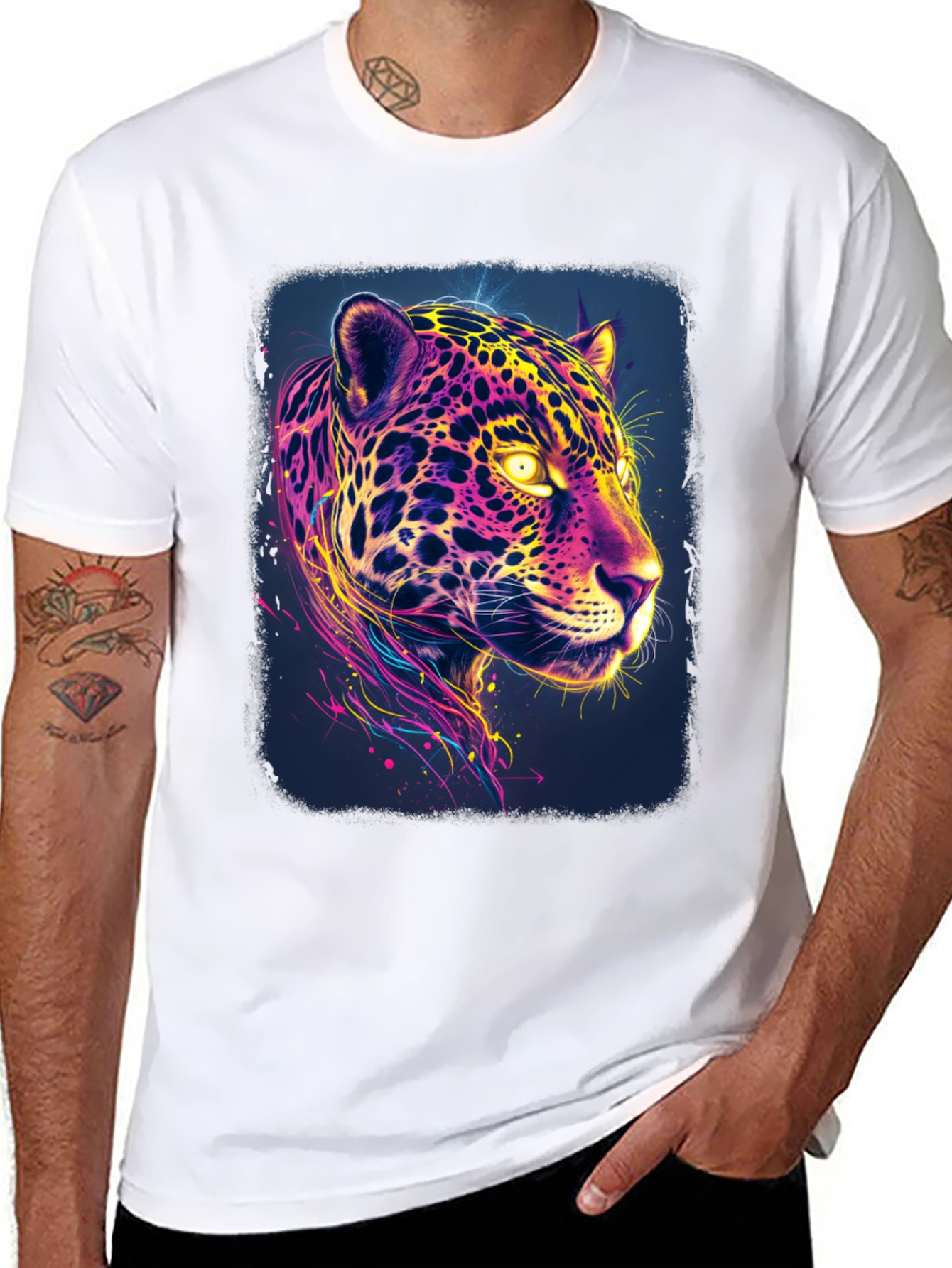 Black Vibrant Neon Jaguar Graphic Black T-Shirt view 8