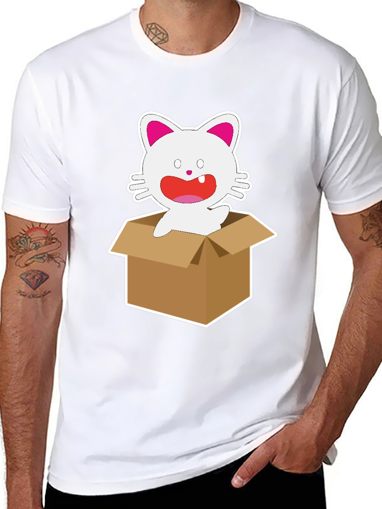 Black Cartoon Cat in Box Graphic Tee - Unisex Black T-Shirt view 8
