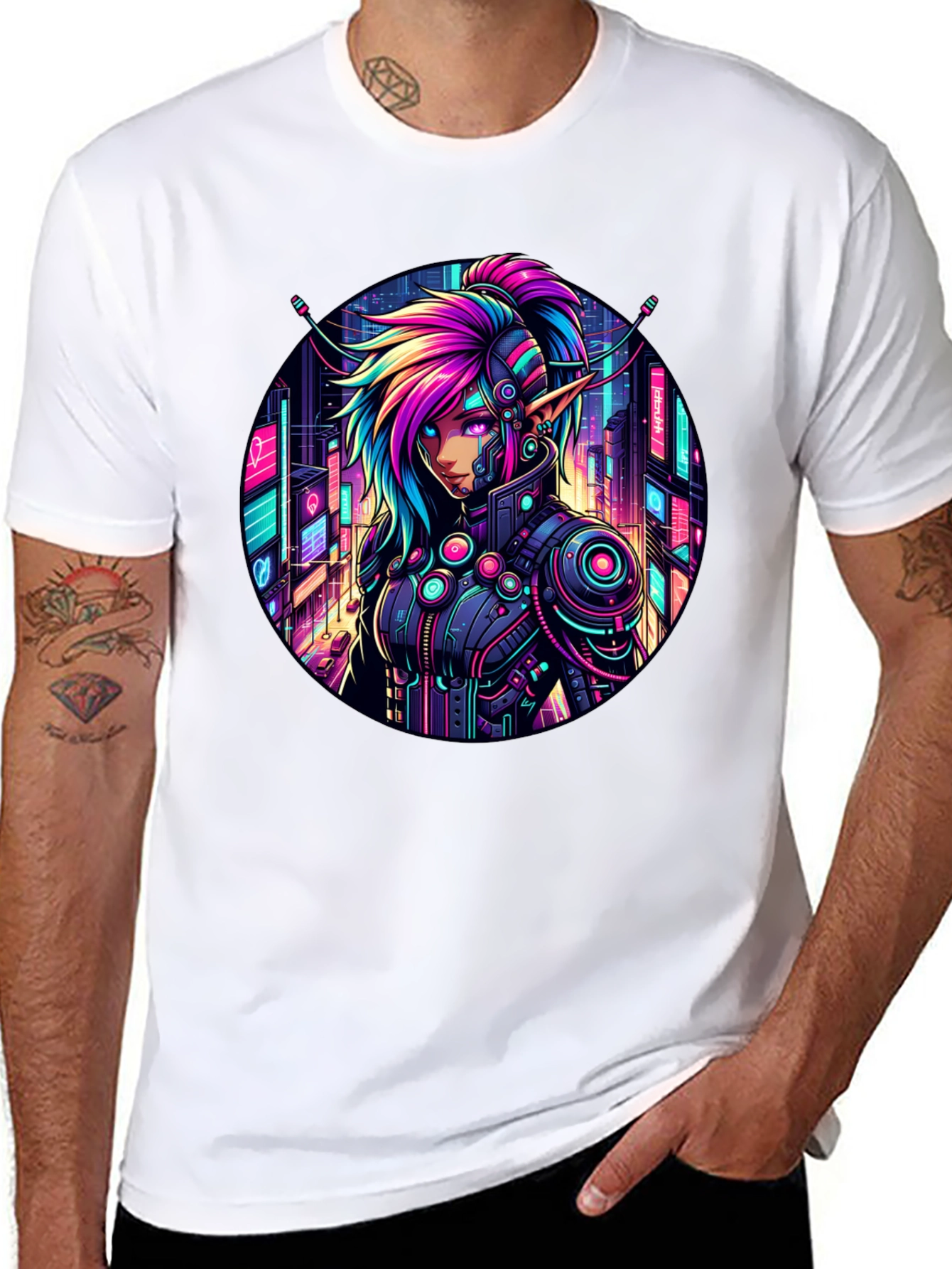 Black Cyberpunk Elf T-Shirt: Neon Cityscape Graphic Tee view 8