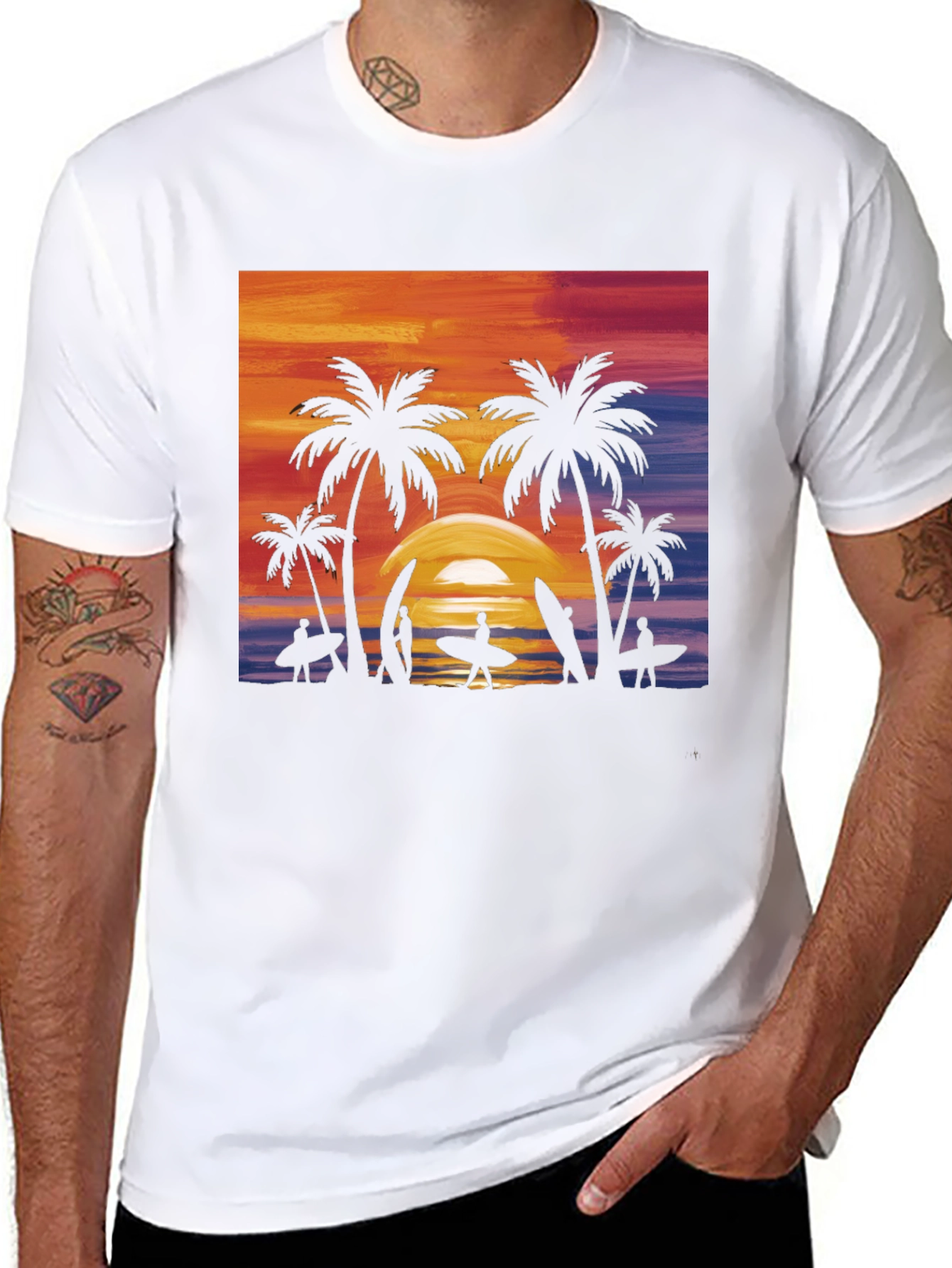 Black Sunset Palm Tree Surfer Graphic Tee - Black view 8