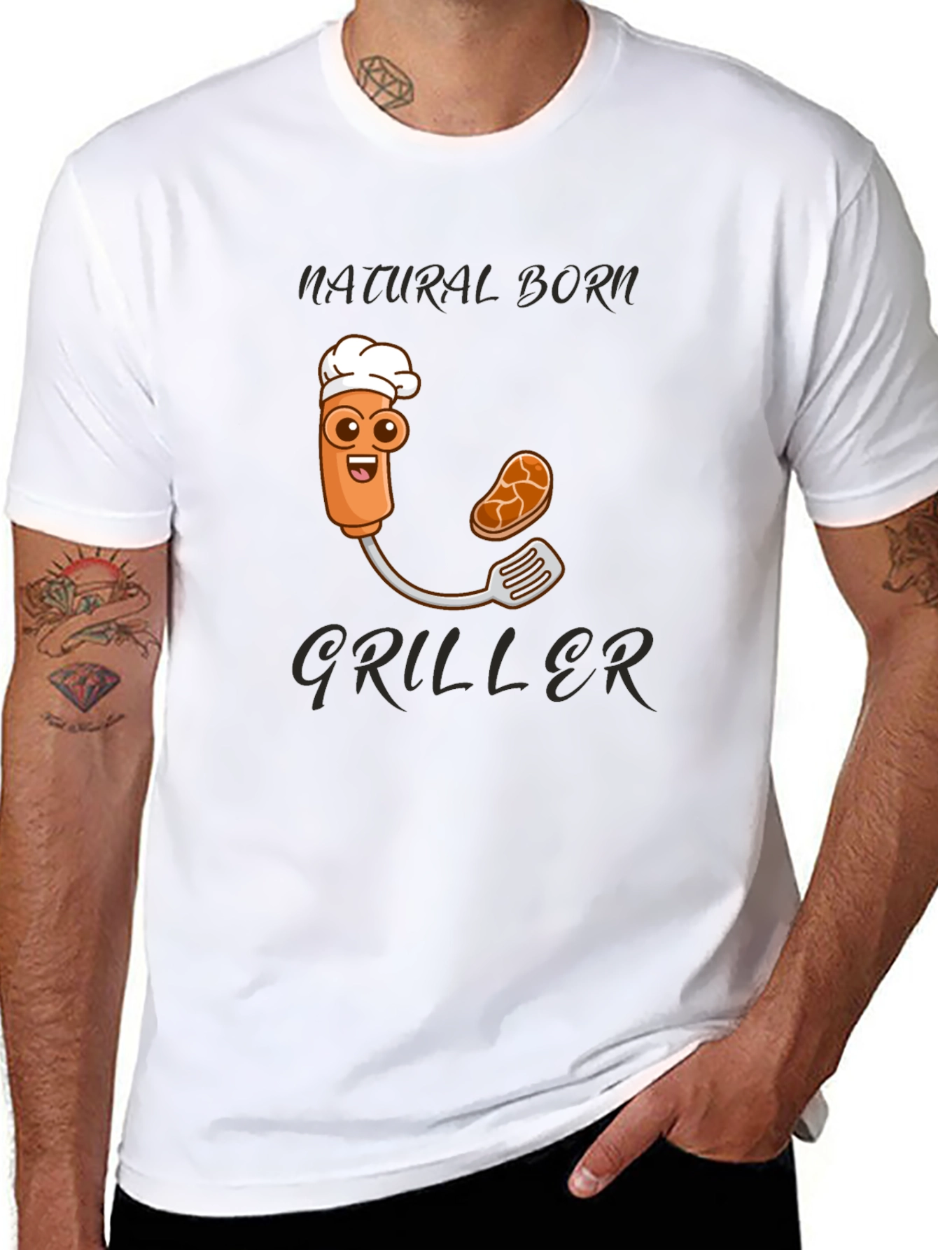 Black Natural Born Griller T-Shirt - BBQ Cartoon Chef view 8